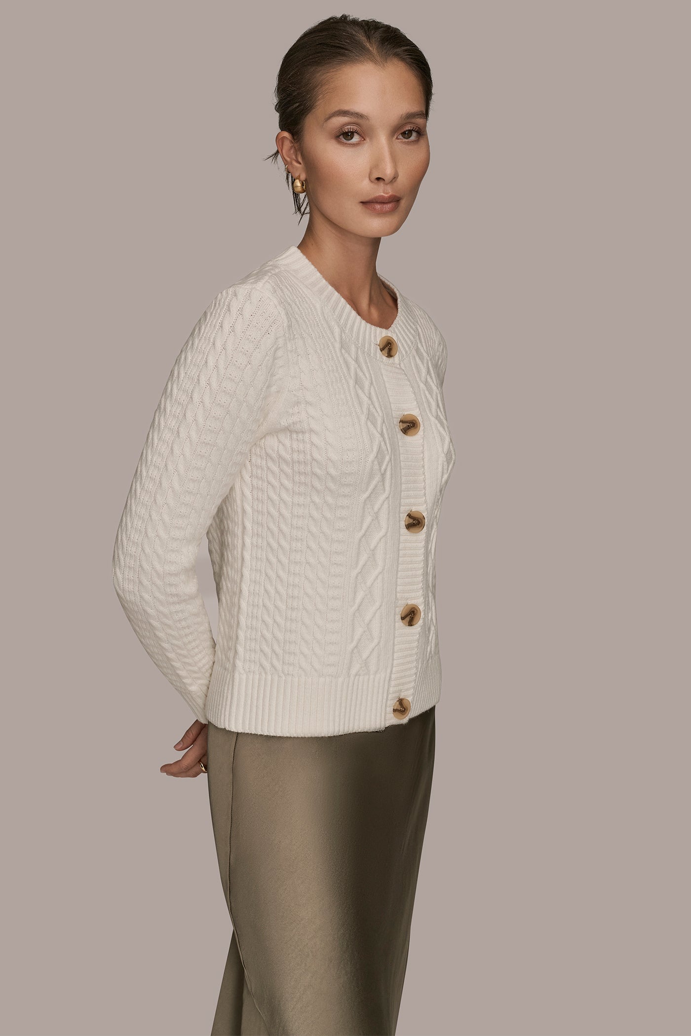 LONG SLEEVE CREW CABLE CARDIGAN VIEW 3