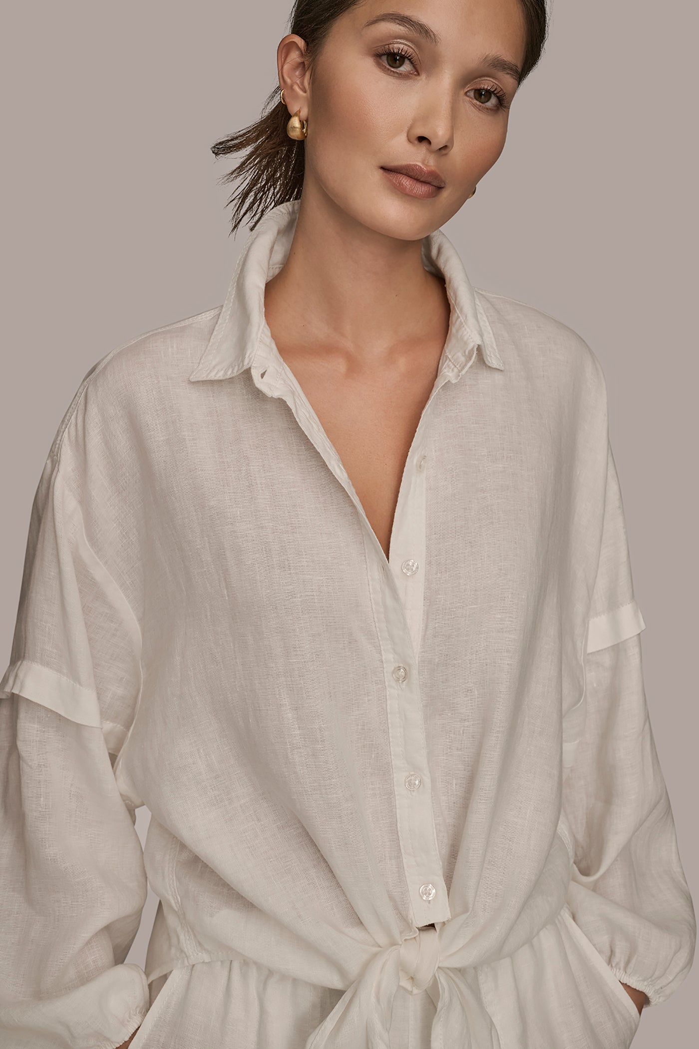 Donna Karan Weekend Women's Long Blouson Sleeve Button Adjustable Tie Shirt - Cream - Size XL Donna Karan Weekend Women's Long Blouson Sleeve Button Adjustable Tie Shirt - Cream - Size XL