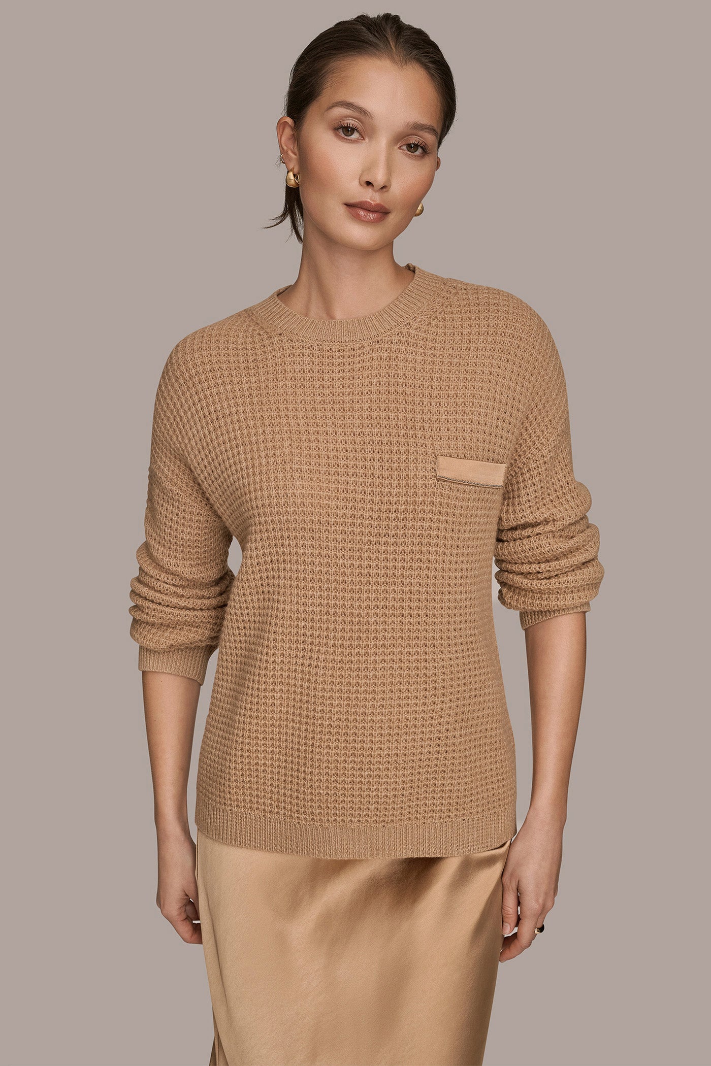 LONG SLEEVE WAFFLE STITCH CREWNECK SWEATER | View 1 | Products