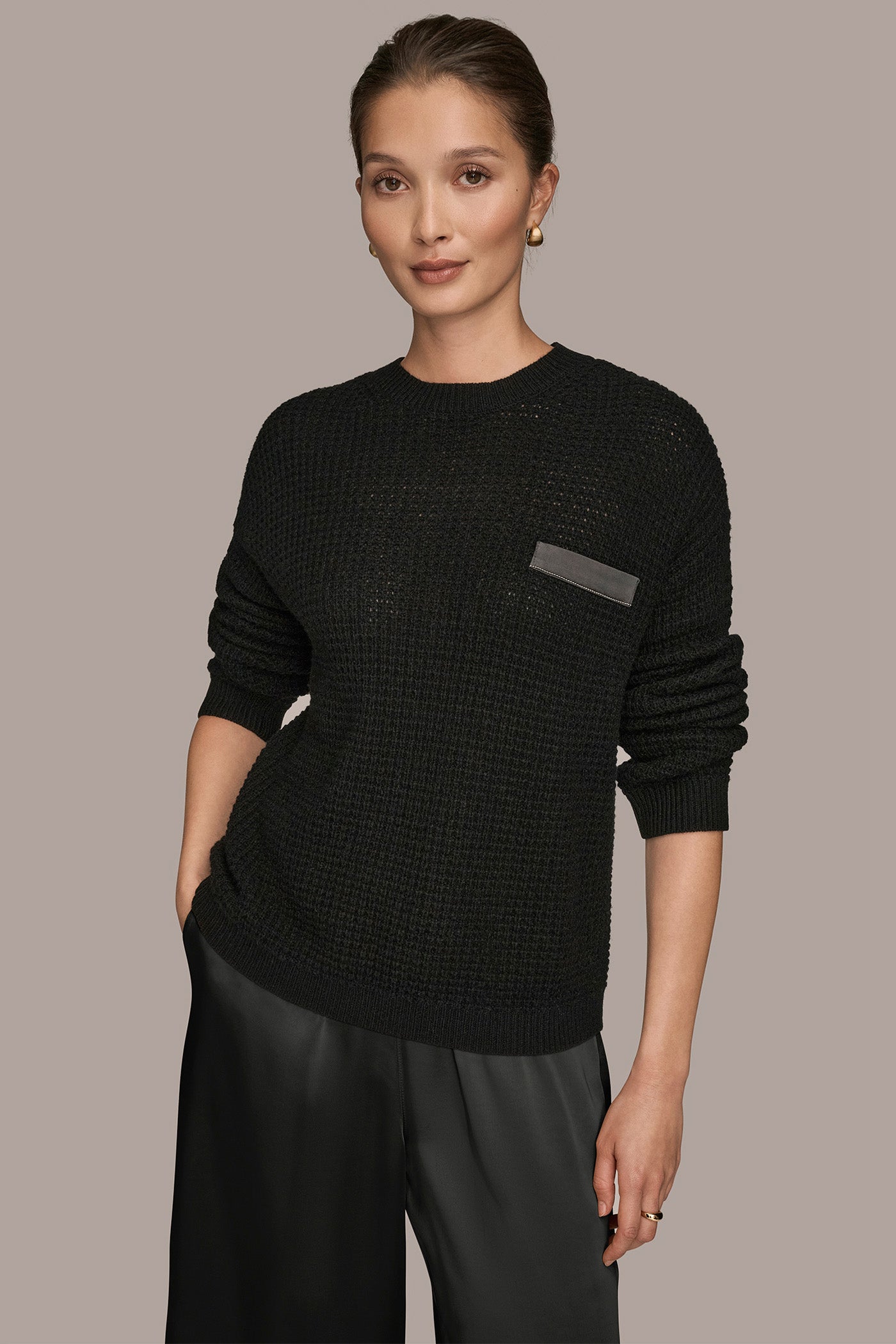 LONG SLEEVE WAFFLE STITCH CREWNECK SWEATER | View 1 | Products