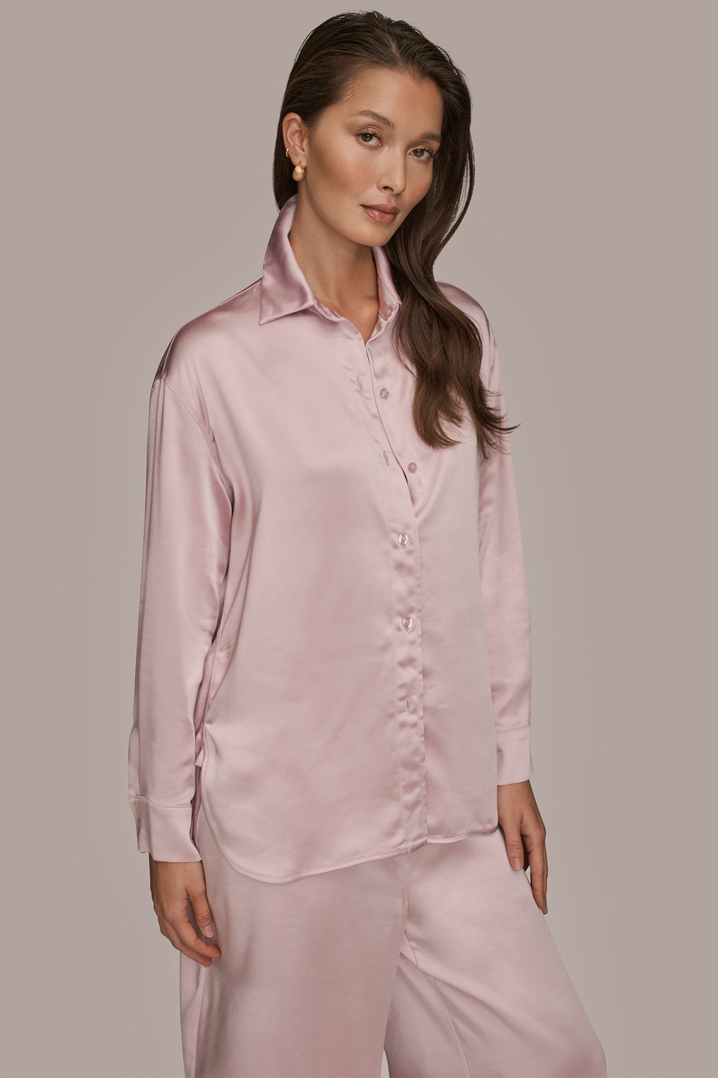 satin dress shirt - 5bulouz drapey silhouette with an easy button front and a soft spread collar that opens the neckline Hi-Tie Men's Top Dark Brown