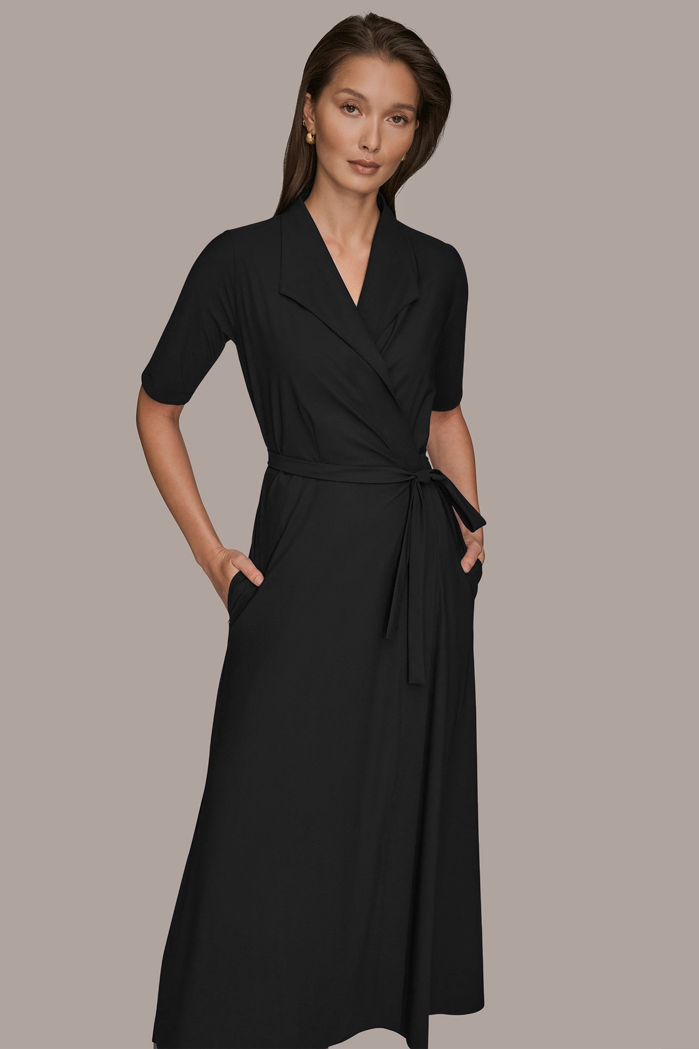 Donna Karan Weekend Women's Elbow-Sleeve Collared Polo Dress - Black Donna Karan Weekend Women's Elbow-Sleeve Collared Polo Dress - Black