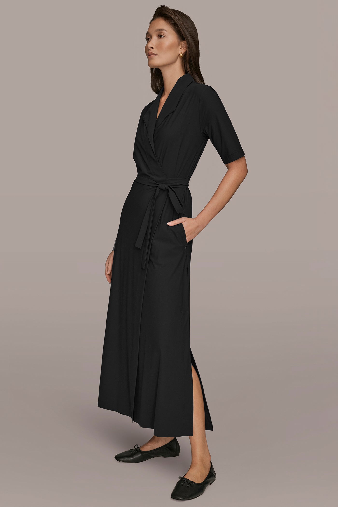 Donna Karan Weekend Women's Elbow-Sleeve Collared Polo Dress - Black - Size 6 Donna Karan Weekend Women's Elbow-Sleeve Collared Polo Dress - Black - Size 6
