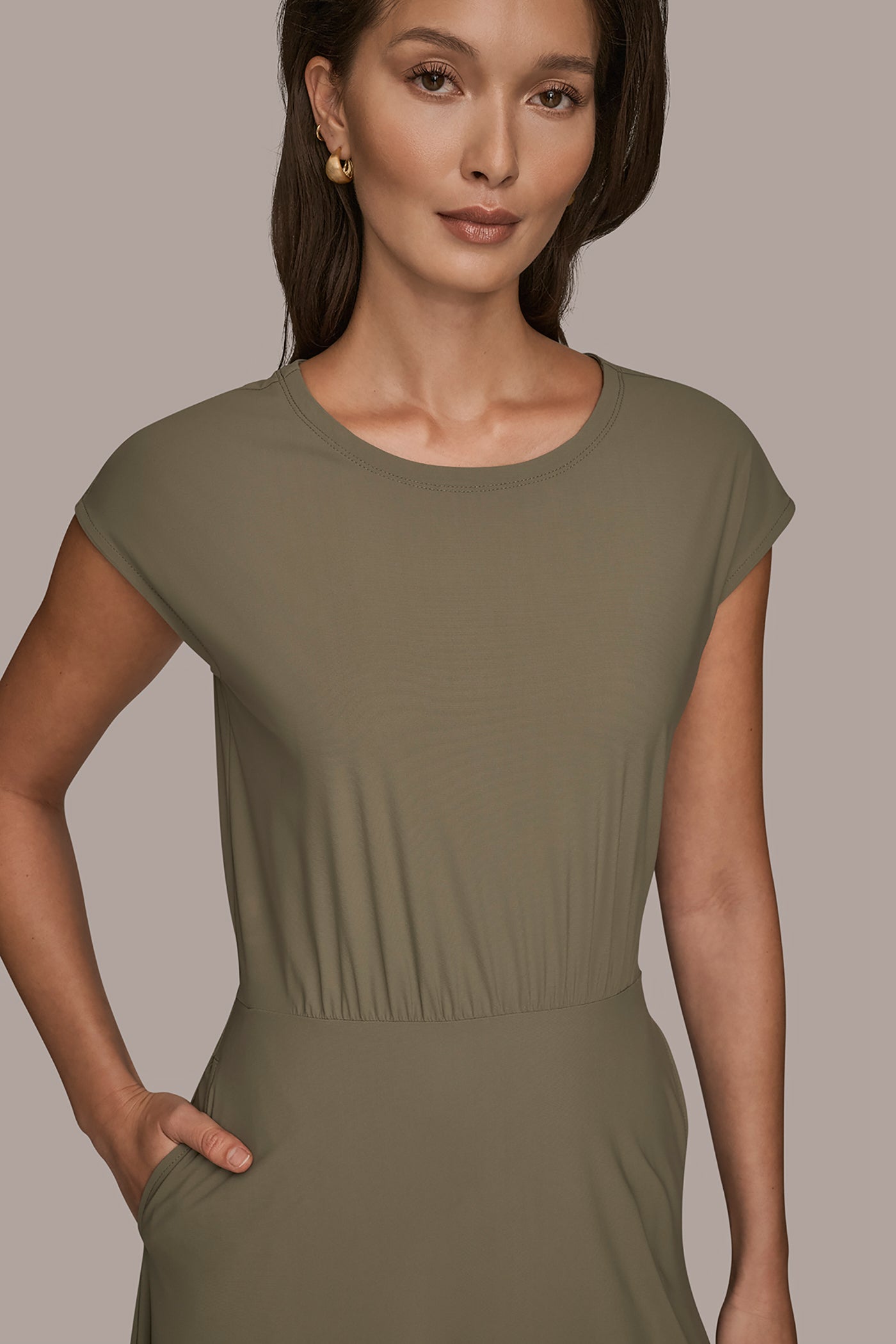 Donna Karan Women's The Modern Travel Midi Fit And Flare Dress in KHAKI GREEN Donna Karan Women's The Modern Travel Midi Fit And Flare Dress in KHAKI GREEN