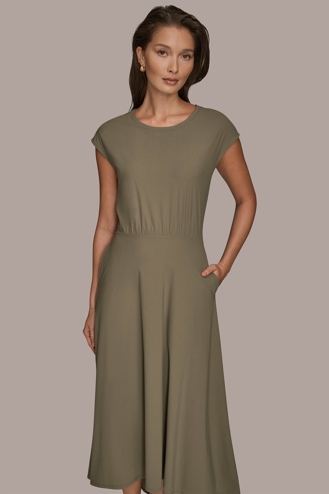 Donna Karan Women's The Modern Travel Midi Fit and Flare Dress in Khaki Green Donna Karan Women's The Modern Travel Midi Fit and Flare Dress in Khaki Green
