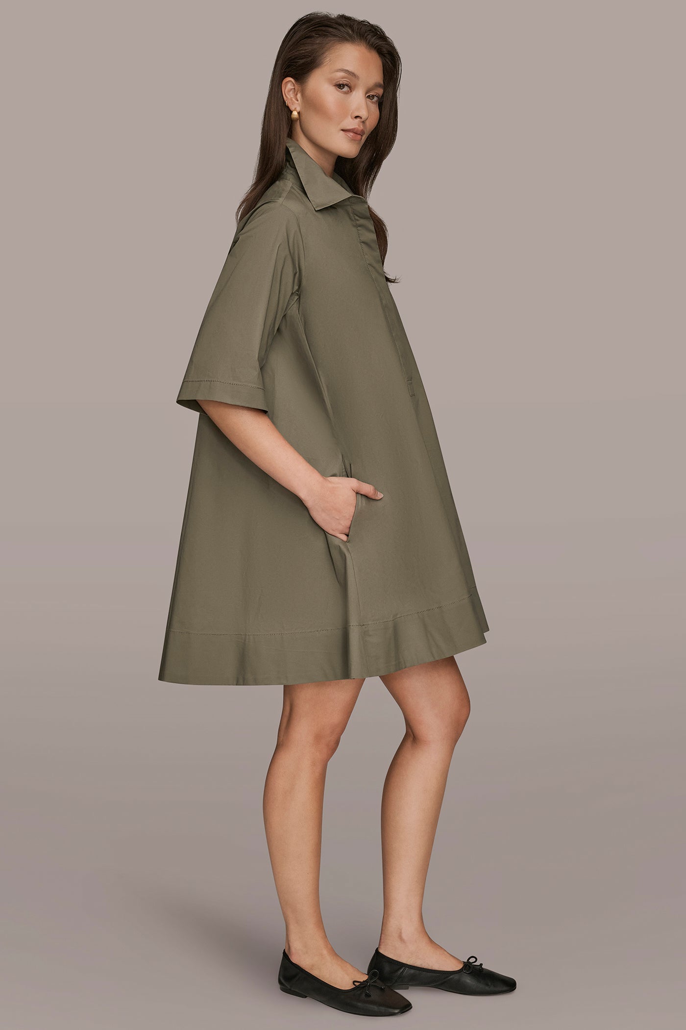 Donna Karan Women's Elbow-Sleeve Mini Shirt Dress in Khaki Green Donna Karan Women's Elbow-Sleeve Mini Shirt Dress in Khaki Green