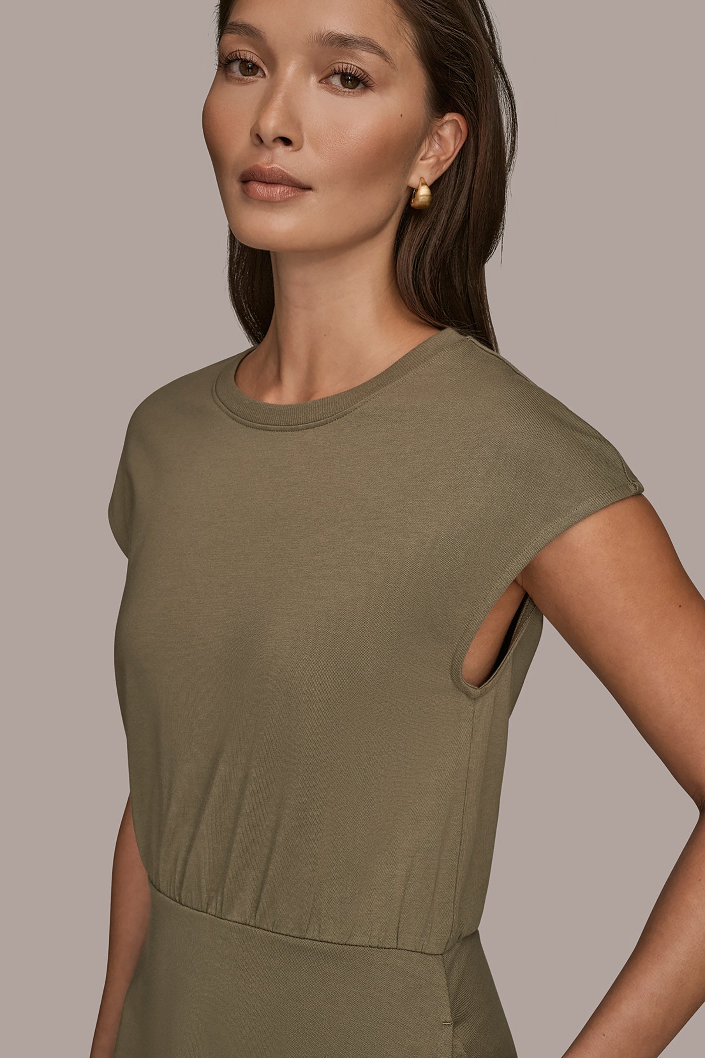 Donna Karan Women's Cap Sleeve Midi A-Line Dress in Khaki Green Donna Karan Women's Cap Sleeve Midi A-Line Dress in Khaki Green