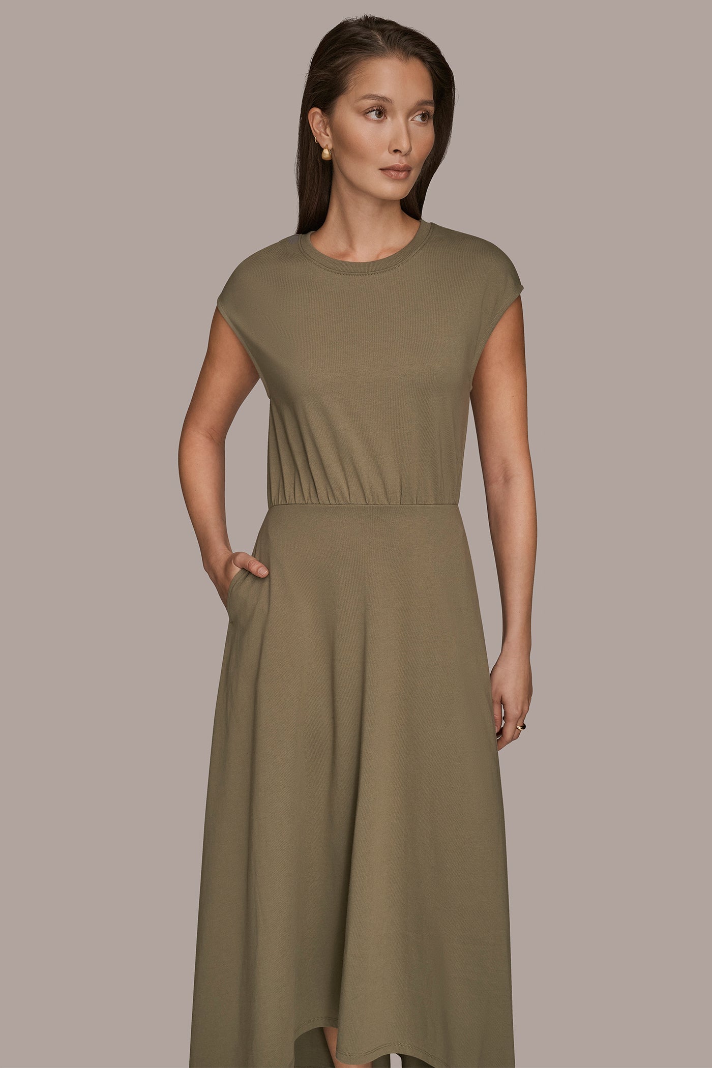 Donna Karan Women's Cap Sleeve Midi A-Line Dress in Black Donna Karan Women's Cap Sleeve Midi A-Line Dress in Black