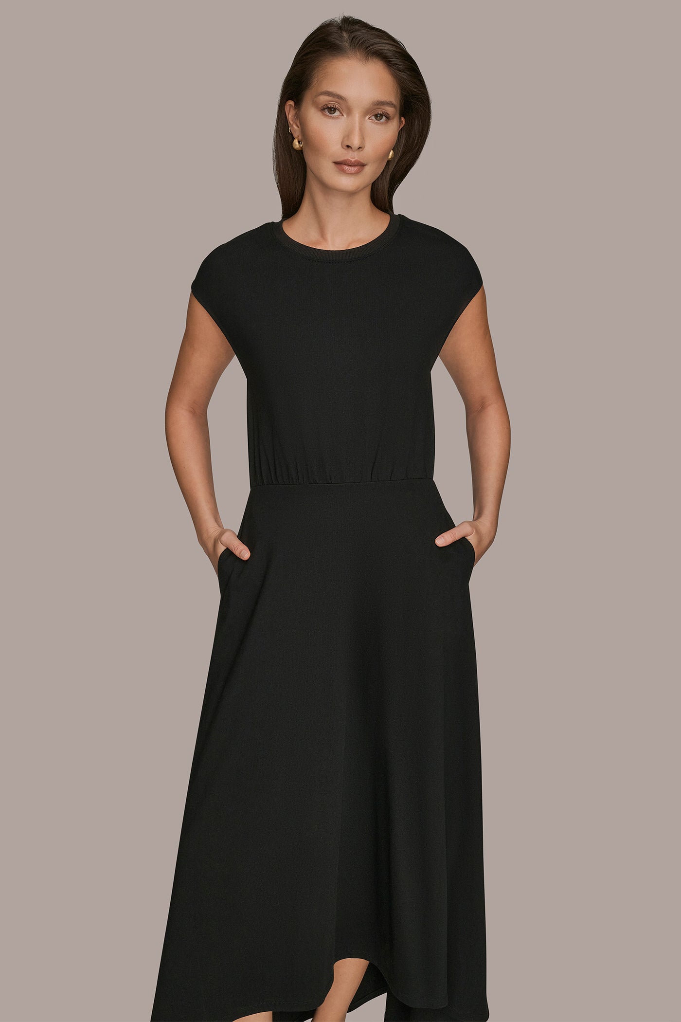Donna Karan Women's Cap Sleeve Midi A-Line Dress in Black Donna Karan Women's Cap Sleeve Midi A-Line Dress in Black