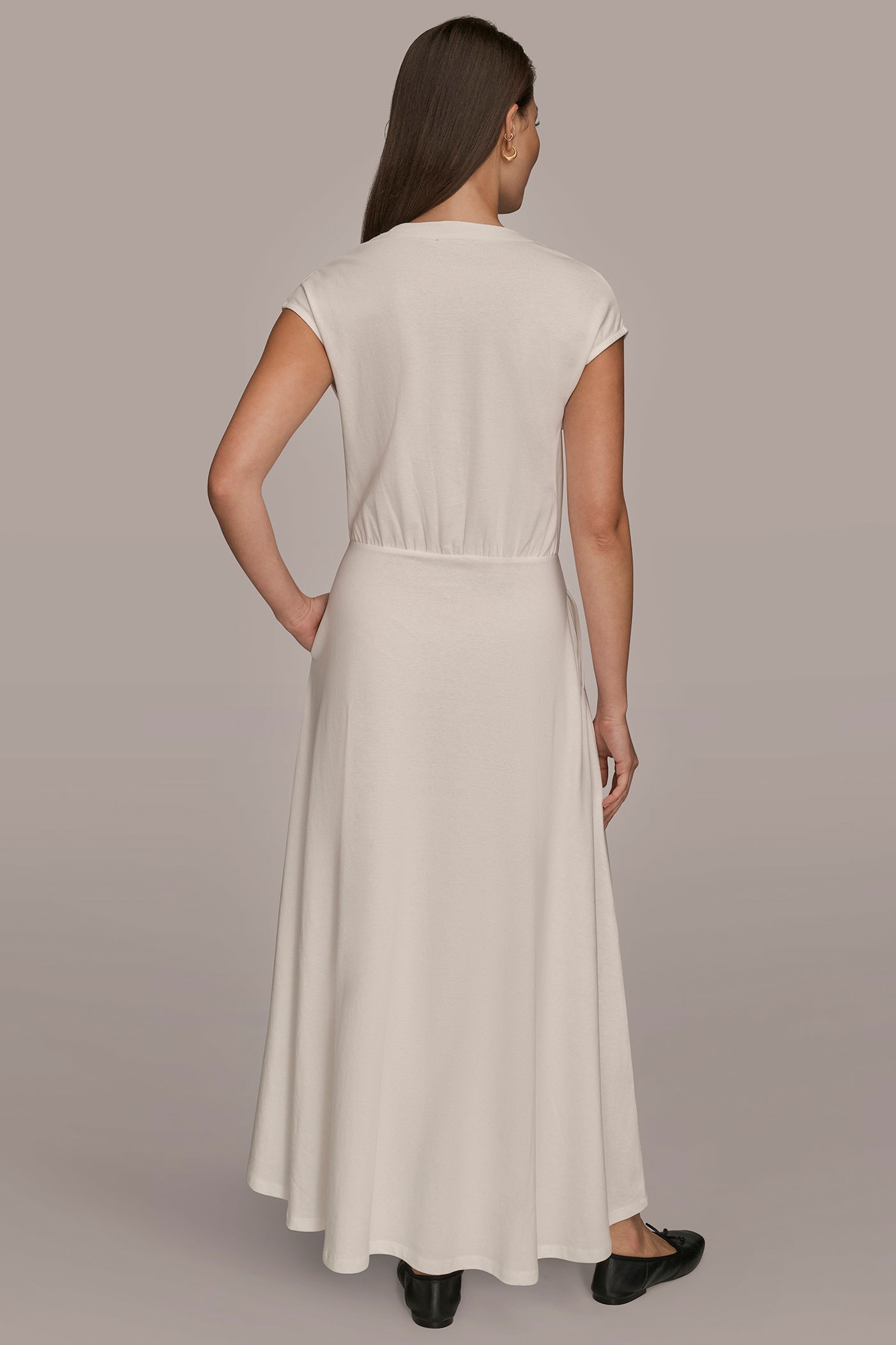 Donna Karan Women's Cap Sleeve Midi A-Line Dress in Cream Donna Karan Women's Cap Sleeve Midi A-Line Dress in Cream