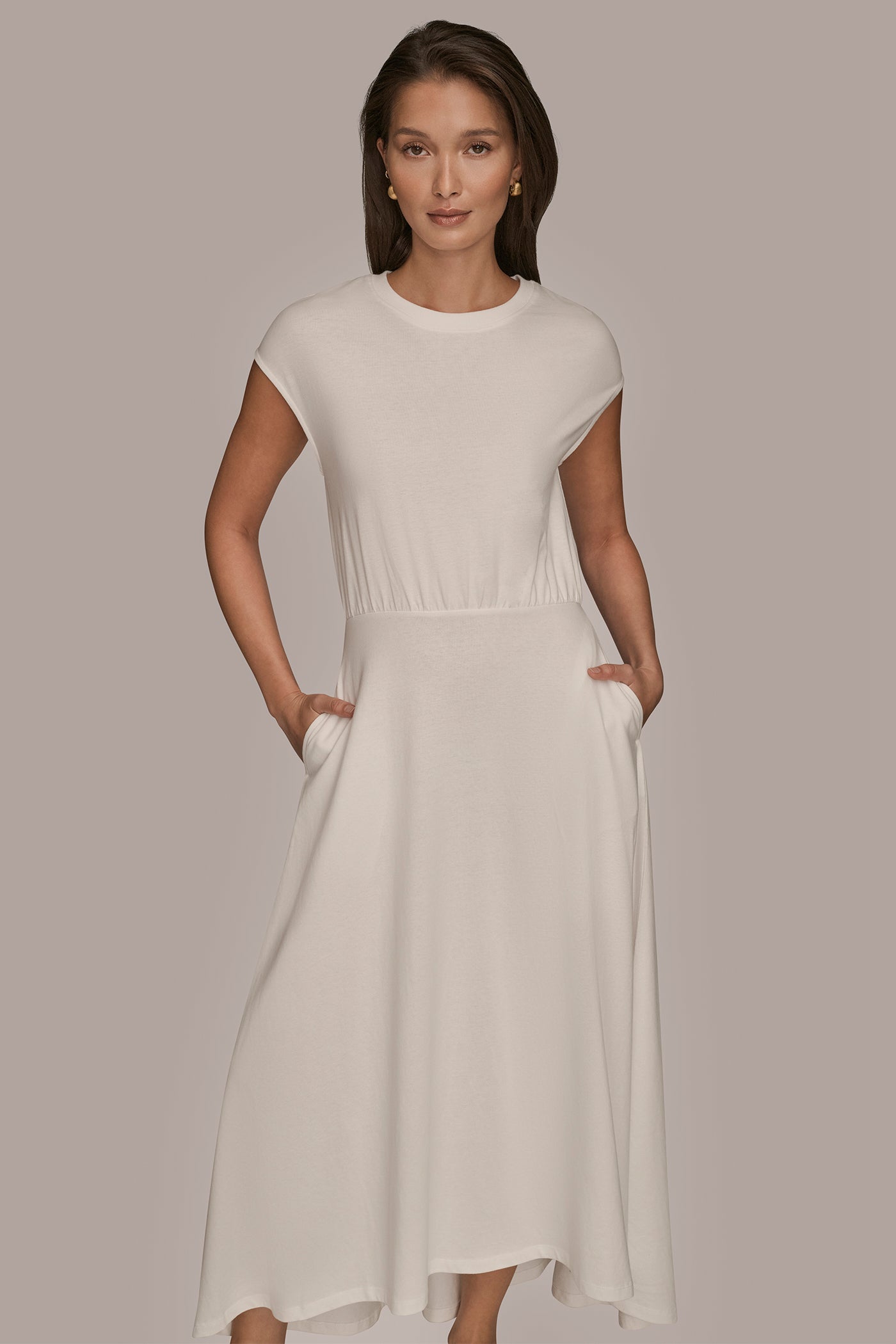 Donna Karan Women's Cap Sleeve Midi A-Line Dress in Cream Donna Karan Women's Cap Sleeve Midi A-Line Dress in Cream