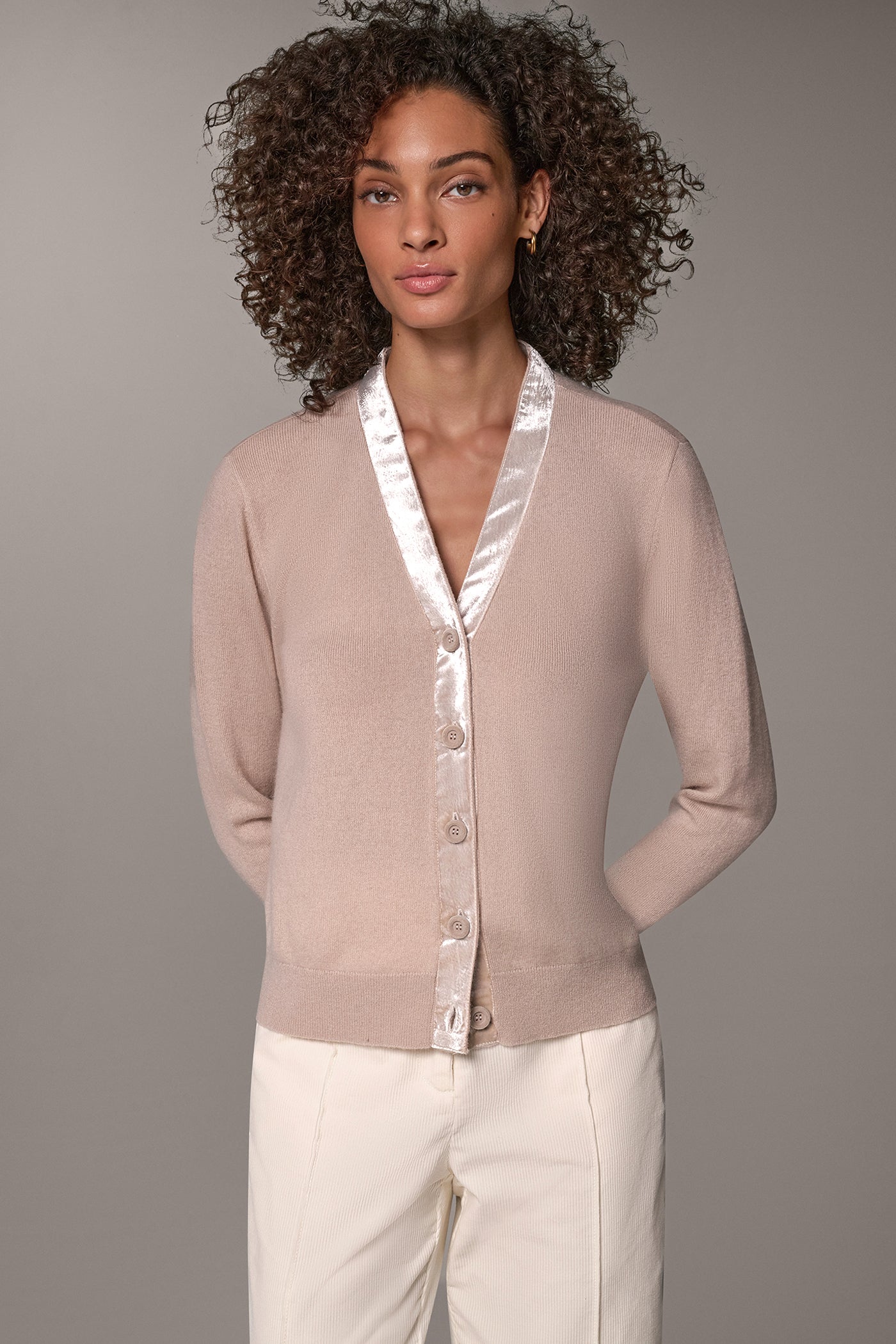 VELVET TRIM WOOL AND CASHMERE CARDIGAN