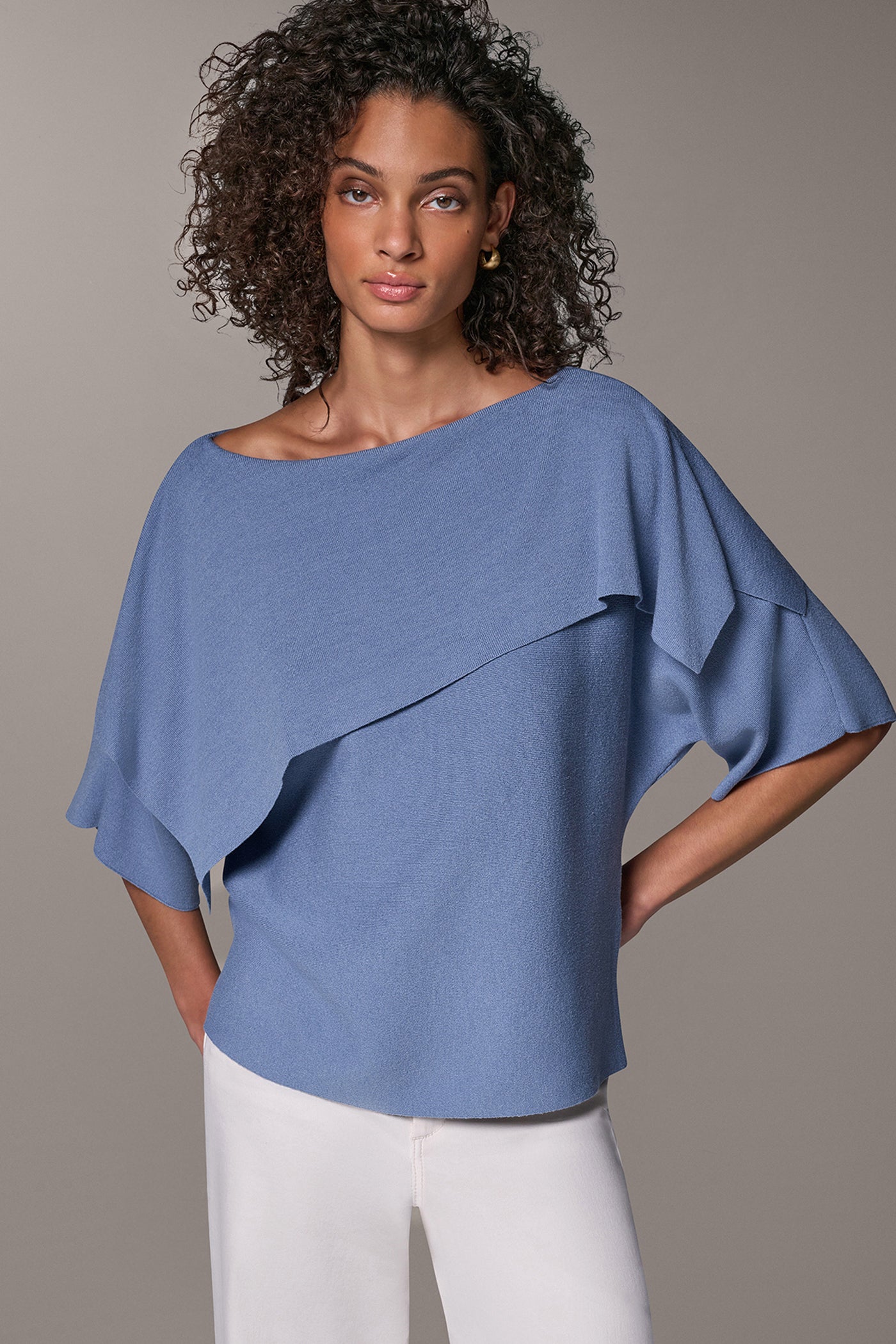 ASYMMETRIC DRAPE BRACELET-SLEEVE SWEATER VIEW 1