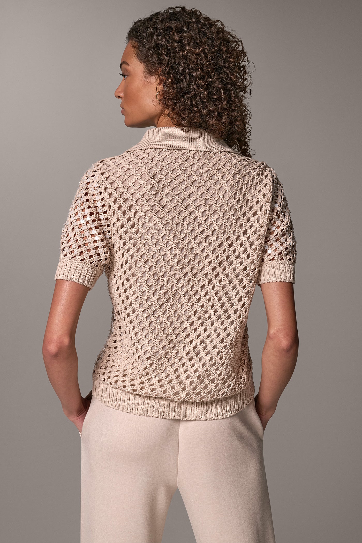 SEQUIN AND FAUX-PEARL CROCHET POLO SWEATER VIEW 3