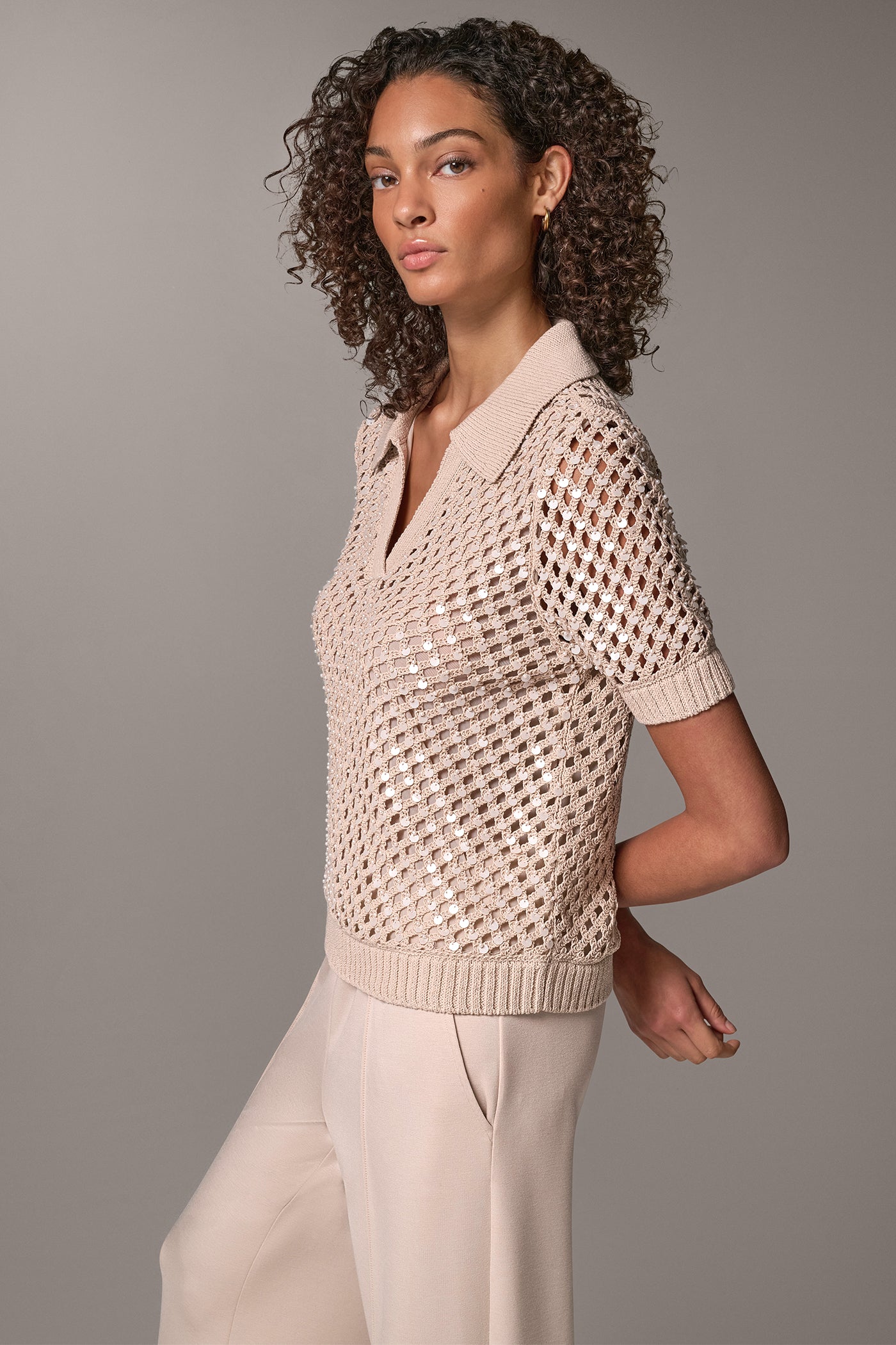 SEQUIN AND FAUX-PEARL CROCHET POLO SWEATER VIEW 4