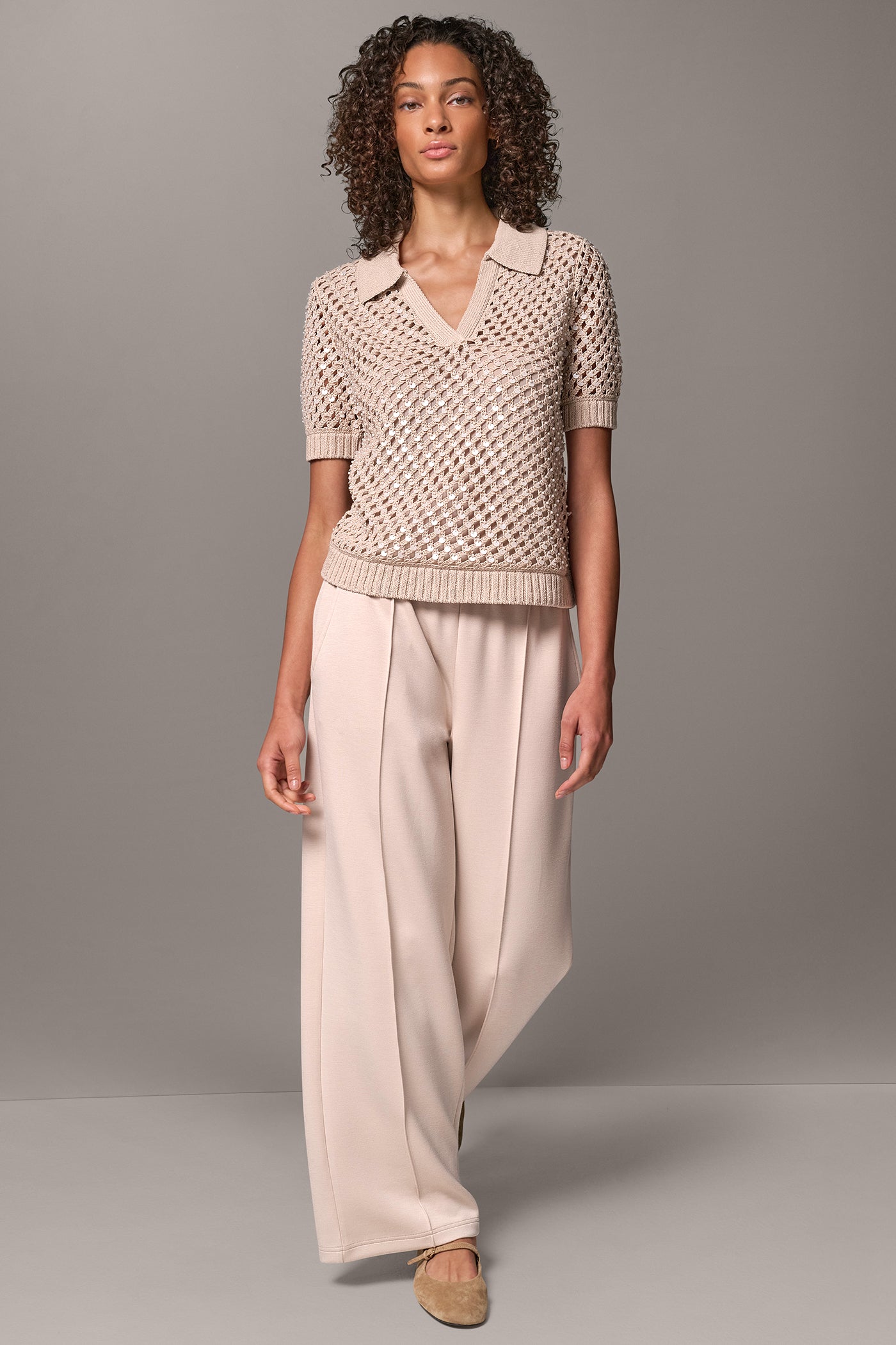 SEQUIN AND FAUX-PEARL CROCHET POLO SWEATER VIEW 5