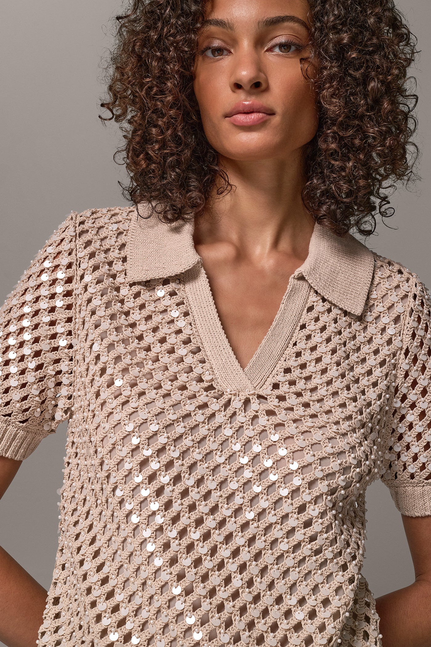 SEQUIN AND FAUX-PEARL CROCHET POLO SWEATER VIEW 2