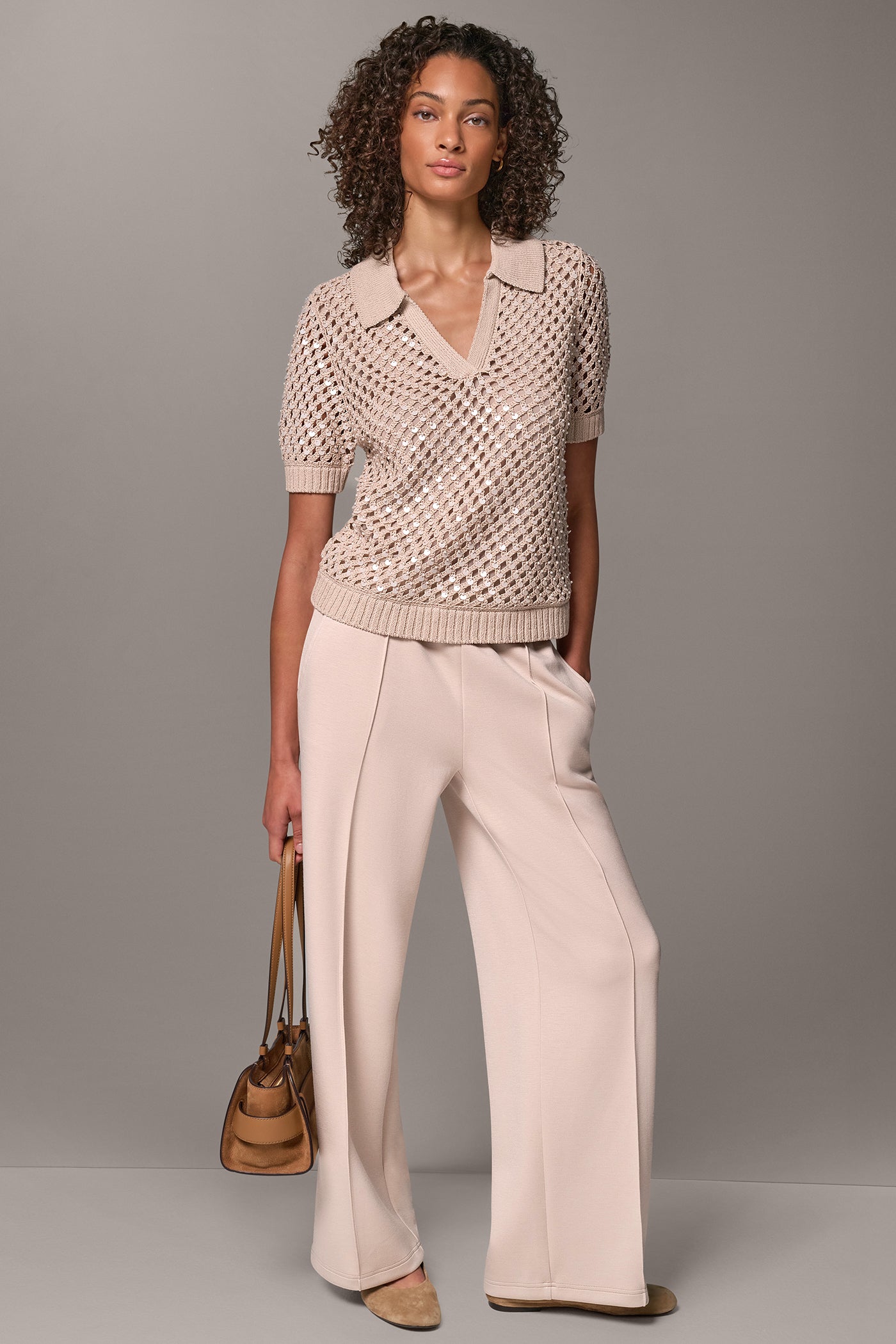 SEQUIN AND FAUX-PEARL CROCHET POLO SWEATER VIEW 7