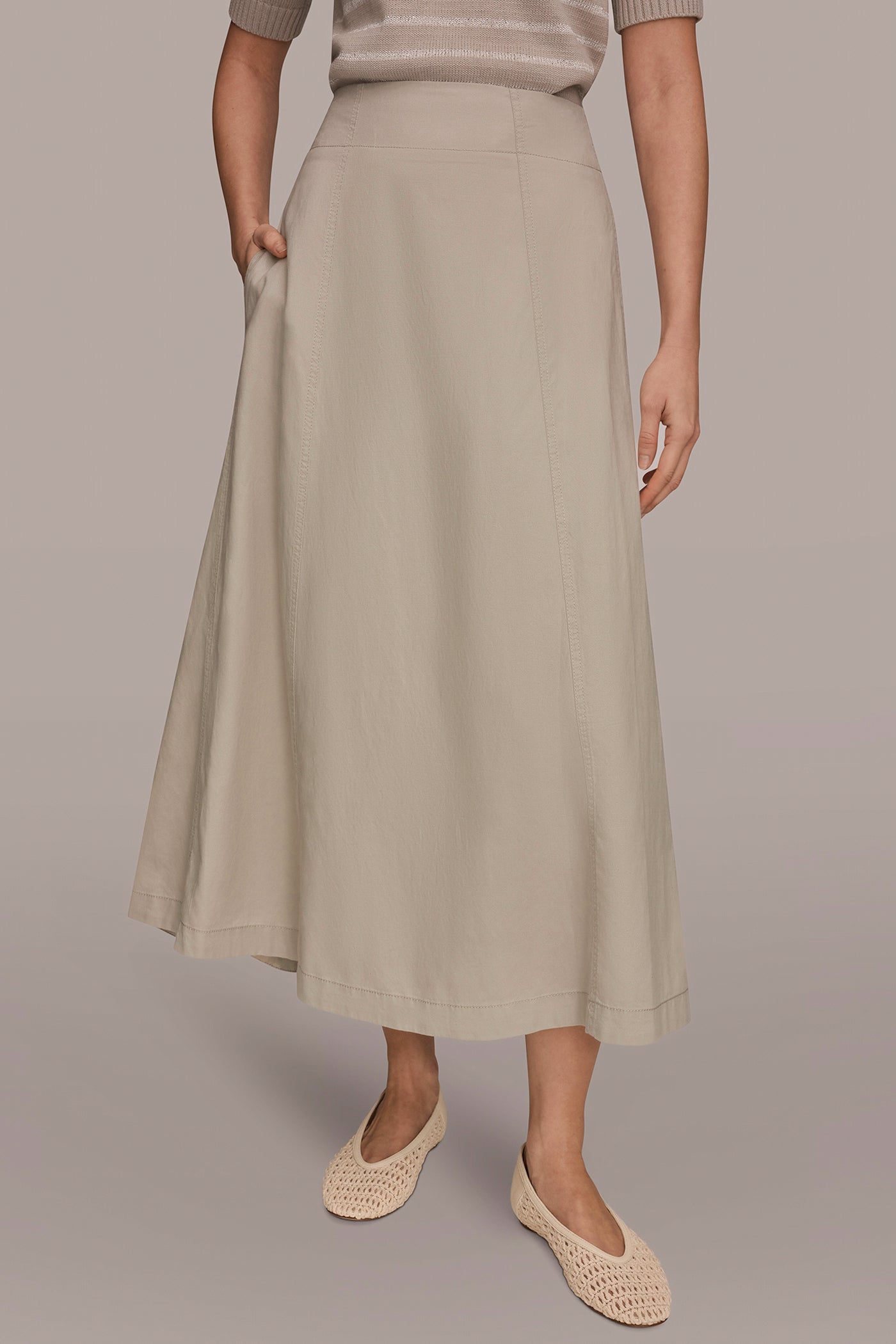 BRUSHED MIDI A-LINE PANEL SKIRT | View 1 | Donna Karan Weekend