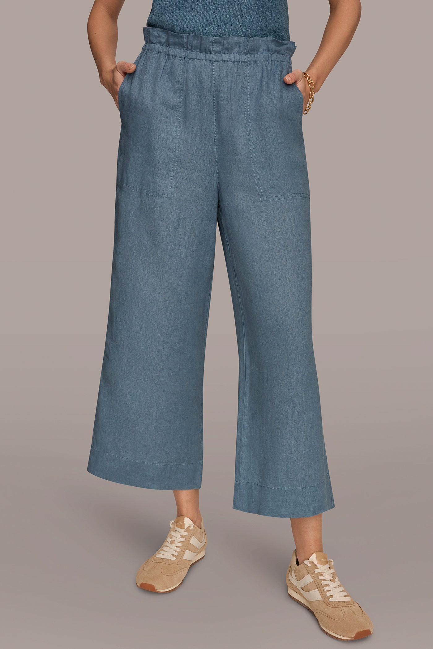 LINEN EXTRA HIGH-RISE PAPERBAG PANT | View 1 | Donna Karan Weekend