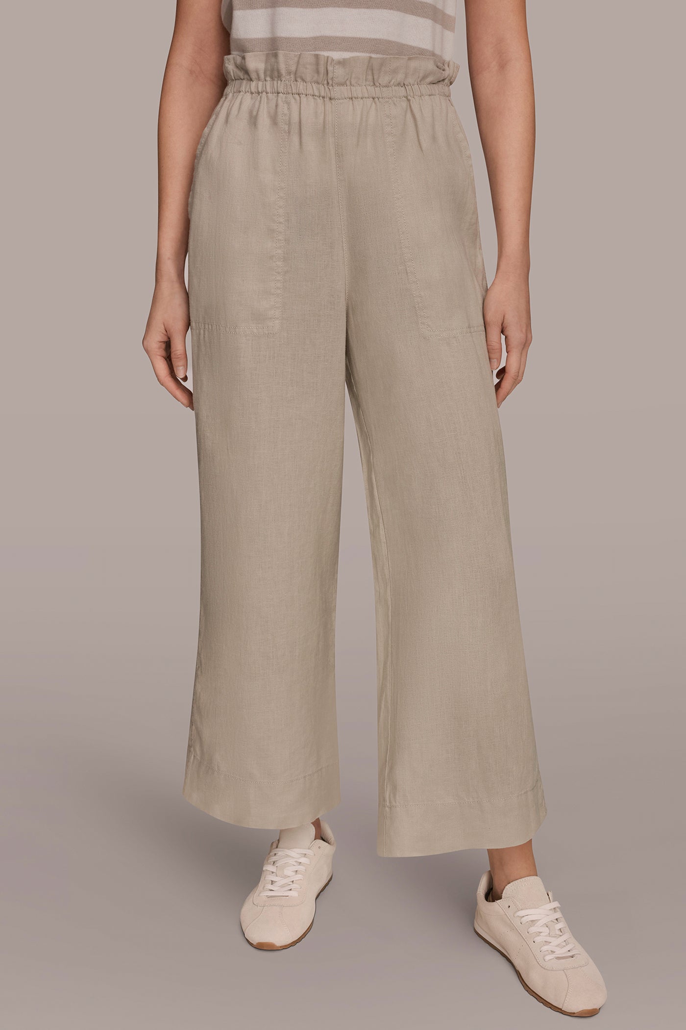LINEN EXTRA HIGH-RISE PAPERBAG PANT | View 1 | Donna Karan Weekend Bottoms