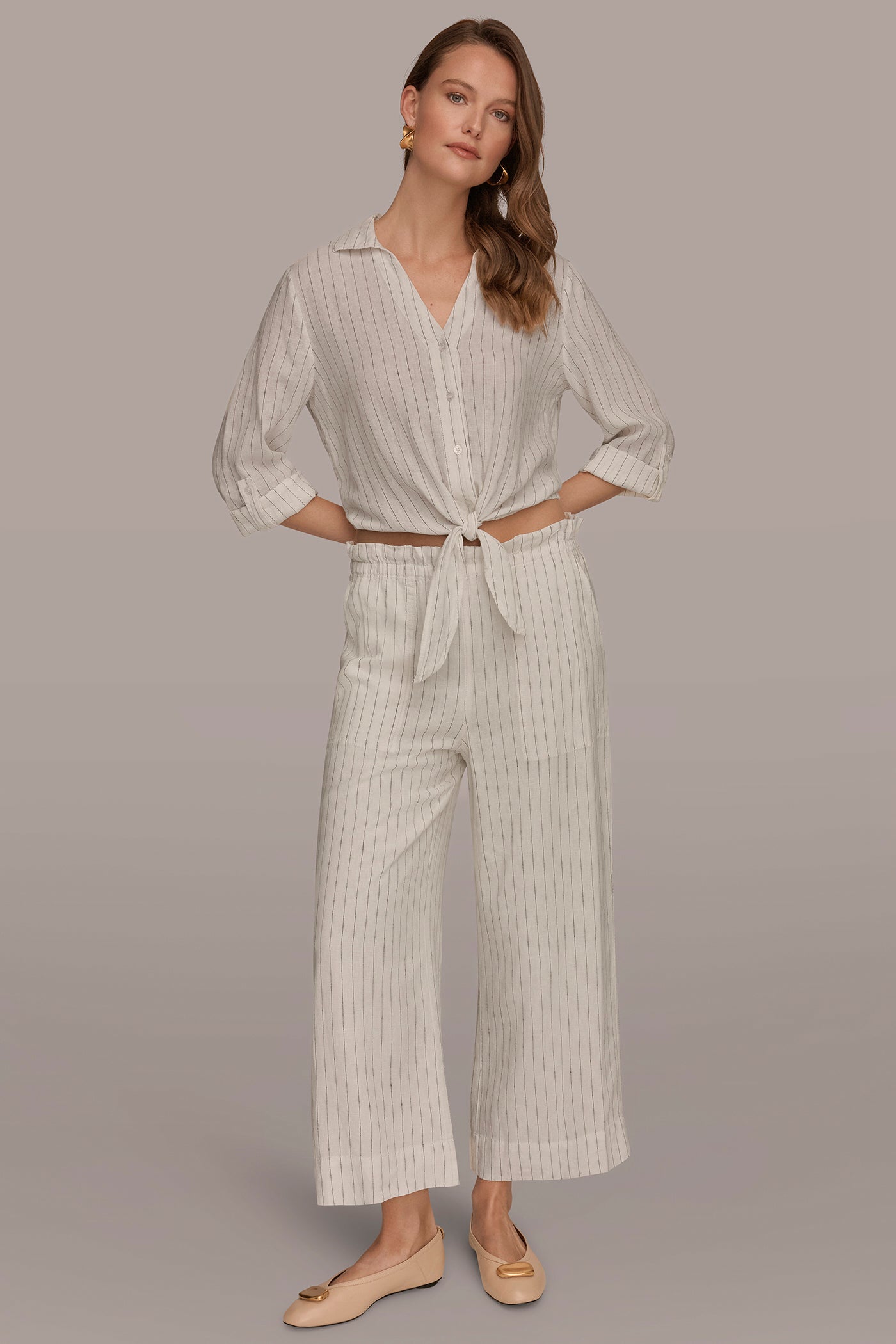 LINEN CROPPED HIGH-RISE PINSTRIPED PAPERBAG PANT VIEW 5 | Donna Karan Weekend Bottoms