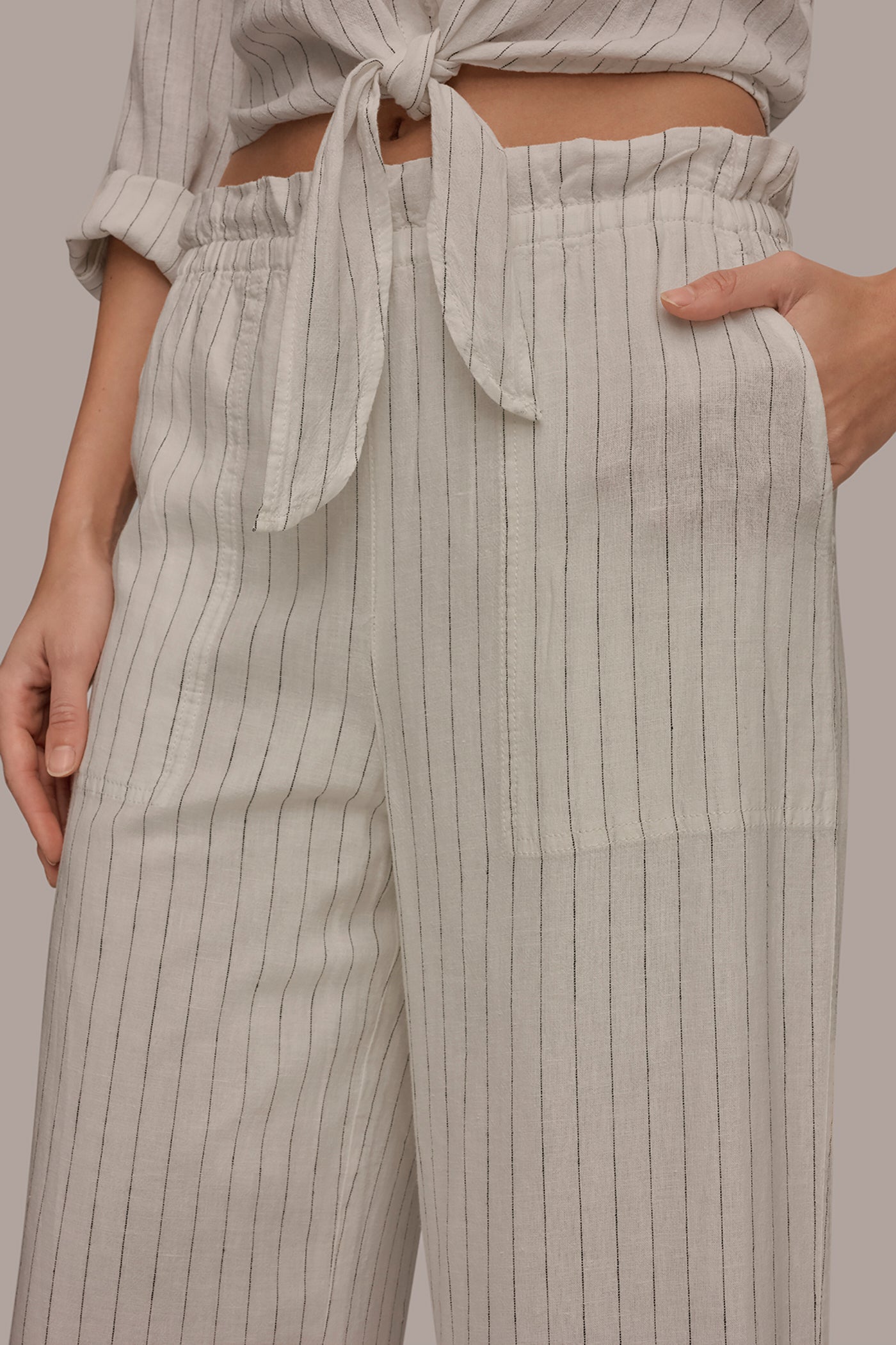 LINEN CROPPED HIGH-RISE PINSTRIPED PAPERBAG PANT VIEW 4 | Donna Karan Weekend Bottoms