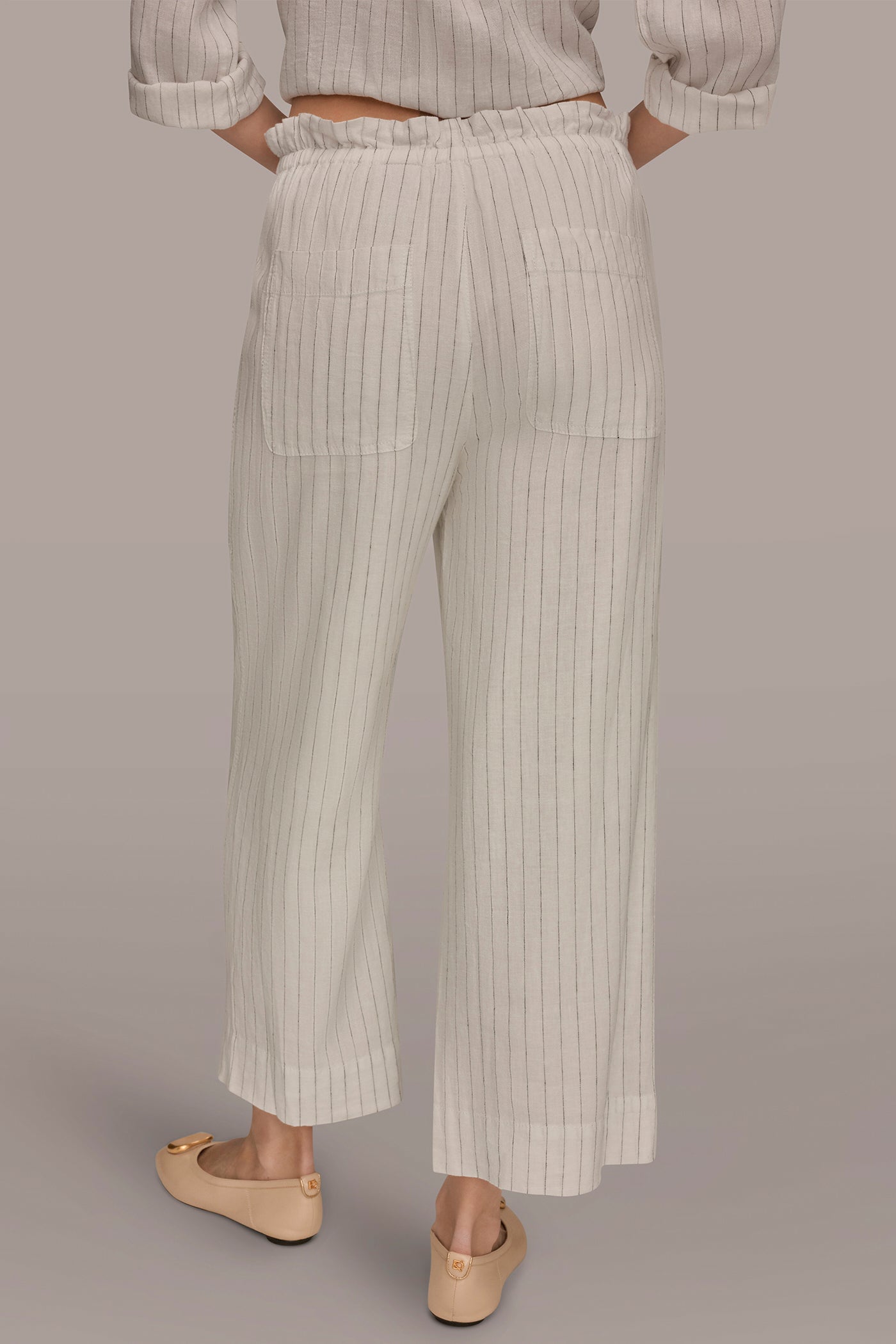 LINEN CROPPED HIGH-RISE PINSTRIPED PAPERBAG PANT | View 2 | Donna Karan Weekend
