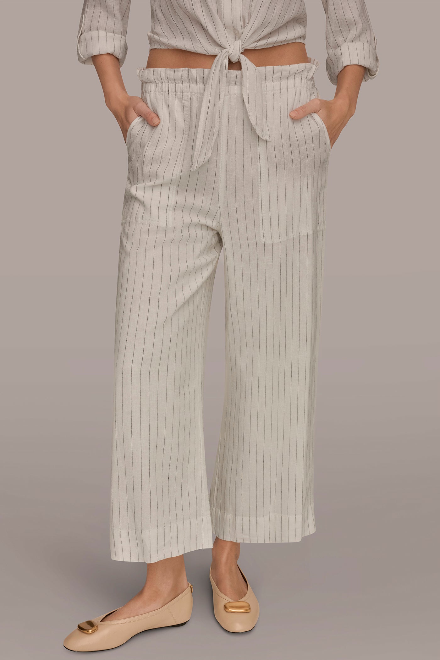 LINEN CROPPED HIGH-RISE PINSTRIPED PAPERBAG PANT | View 1 | Donna Karan Weekend
