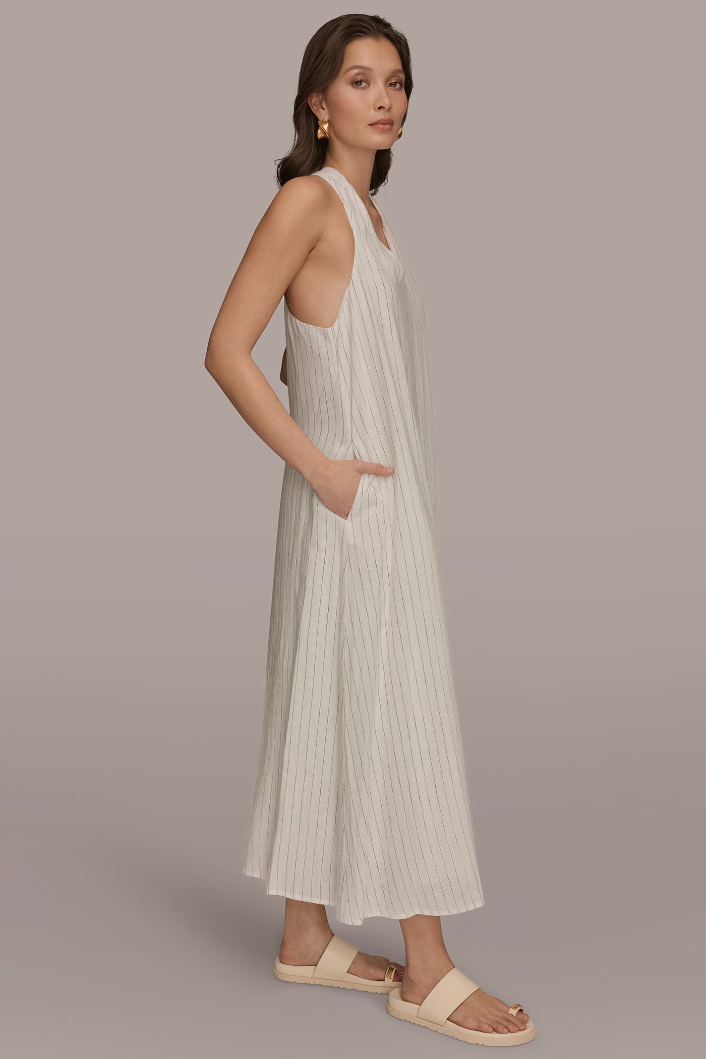 tied halter open back cotton linen midi dress Linen Halter Dress