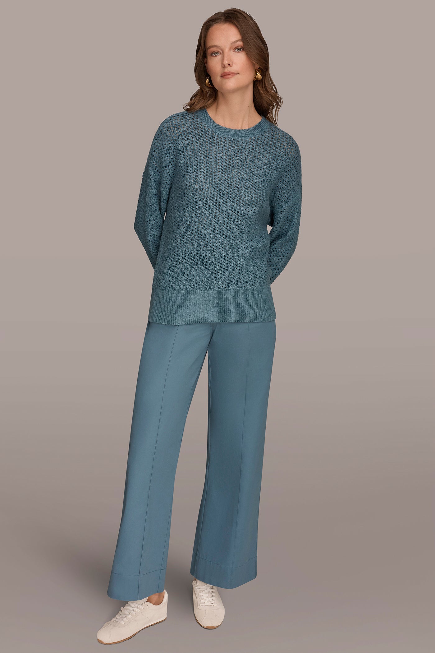 COTTON-BLEND LONG SLEEVE OPEN STITCH SWEATER VIEW 6 | Donna Karan Weekend Tops