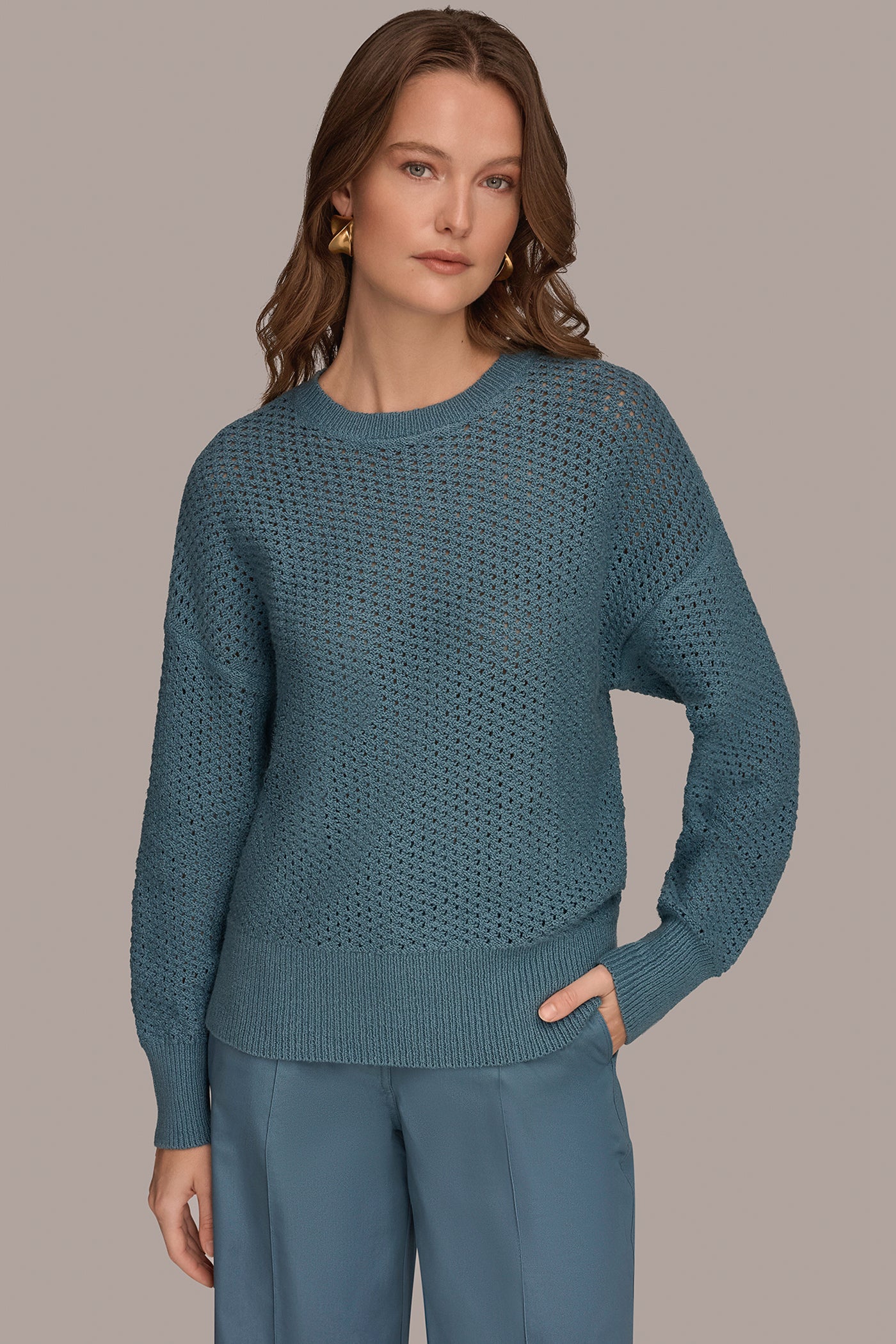 COTTON-BLEND LONG SLEEVE OPEN STITCH SWEATER | View 1 | Gifts