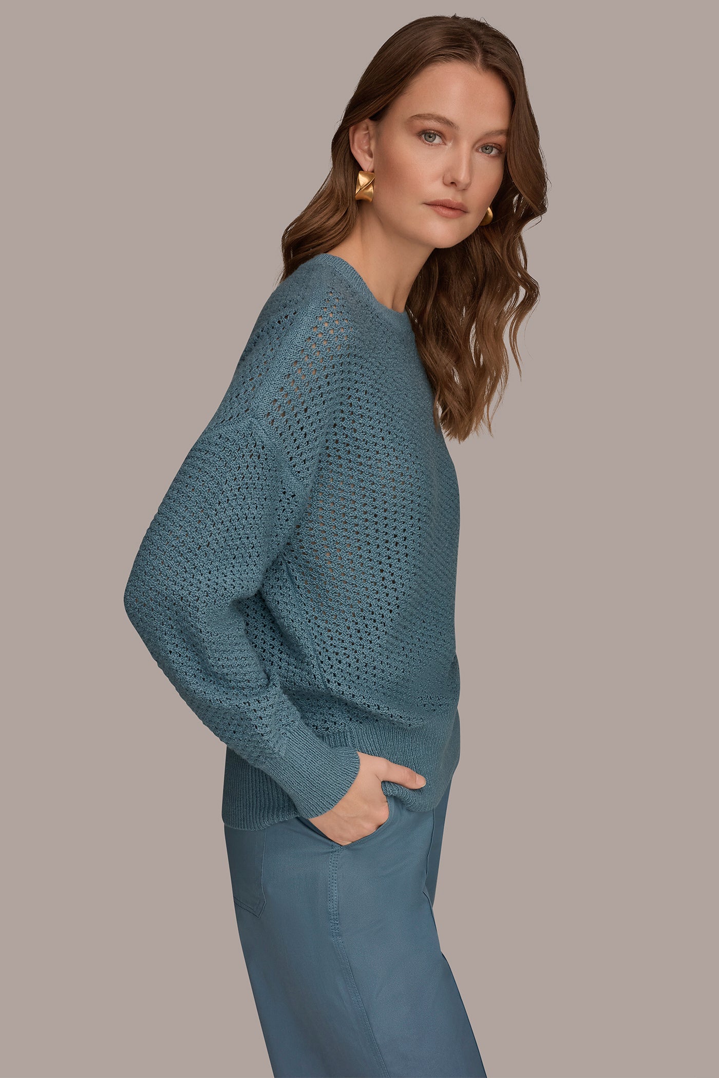 COTTON-BLEND LONG SLEEVE OPEN STITCH SWEATER VIEW 3 | Donna Karan Weekend Tops