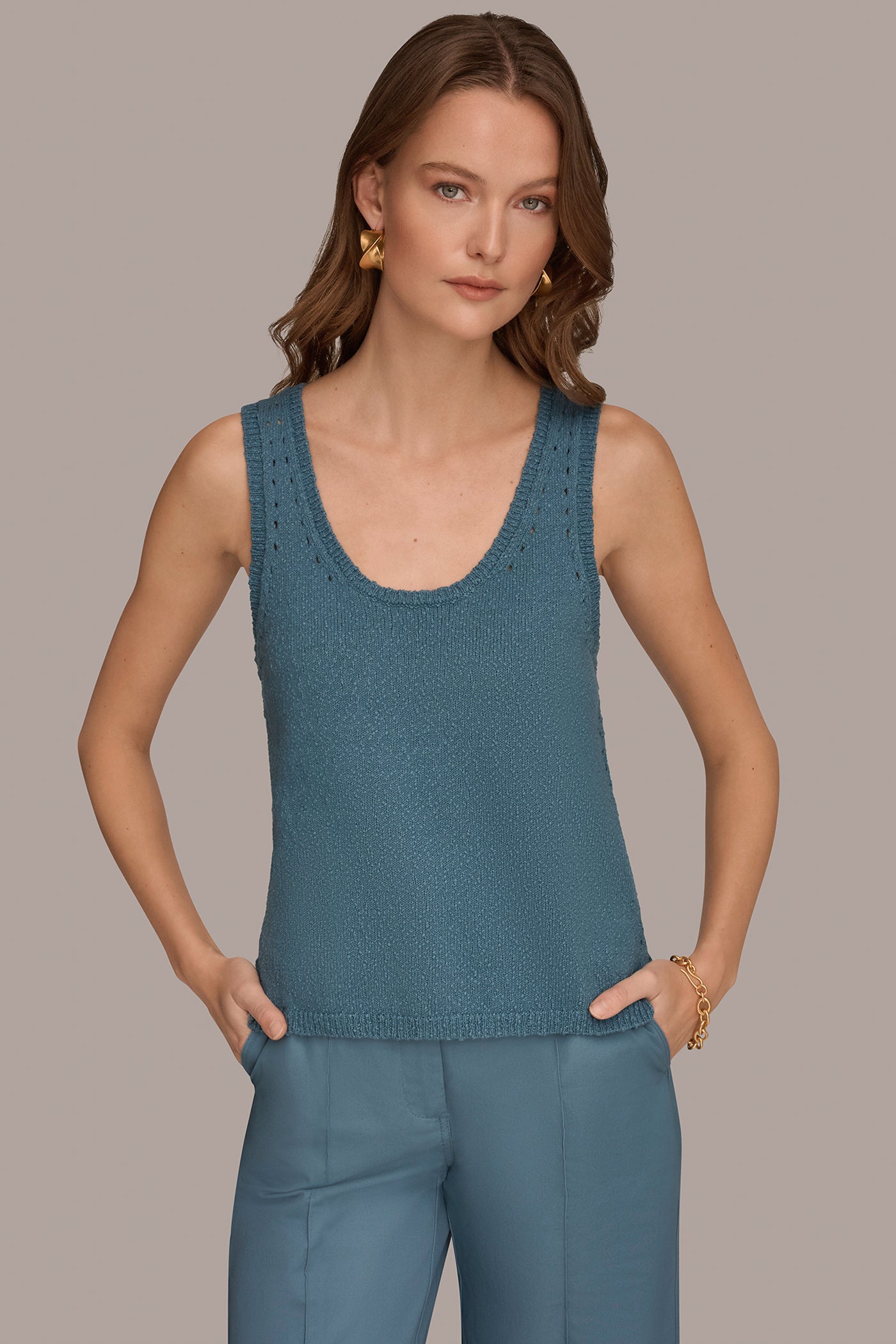 COTTON SLEEVELESS POINTELLE STITCH TANK | View 1 | Donna Karan Weekend