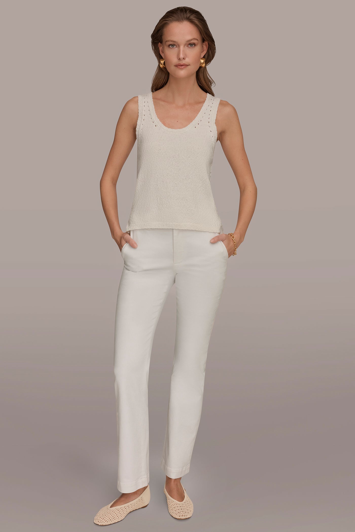 COTTON SLEEVELESS POINTELLE STITCH TANK VIEW 7 | Grace Edit