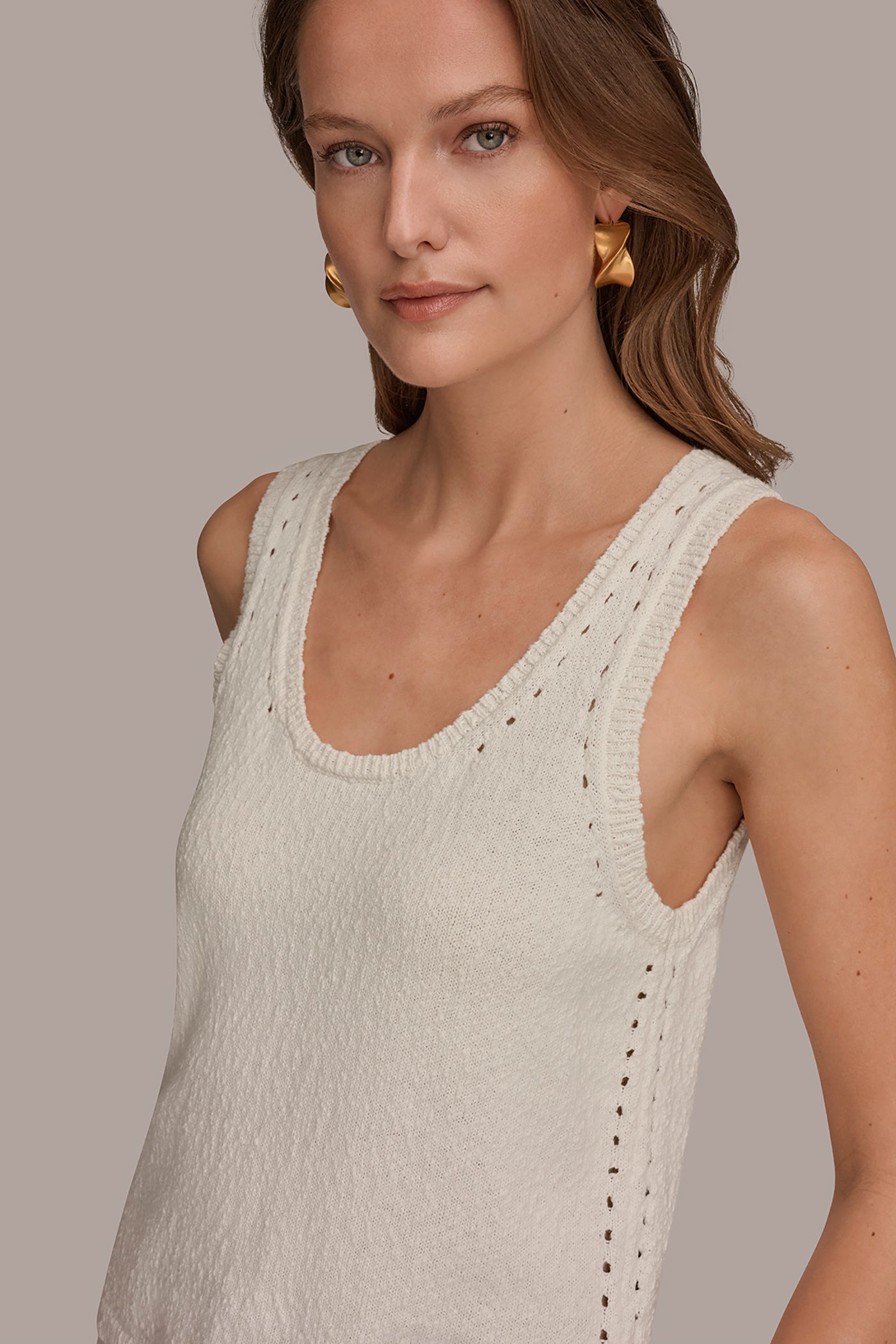 COTTON SLEEVELESS POINTELLE STITCH TANK VIEW 4 | Grace Edit