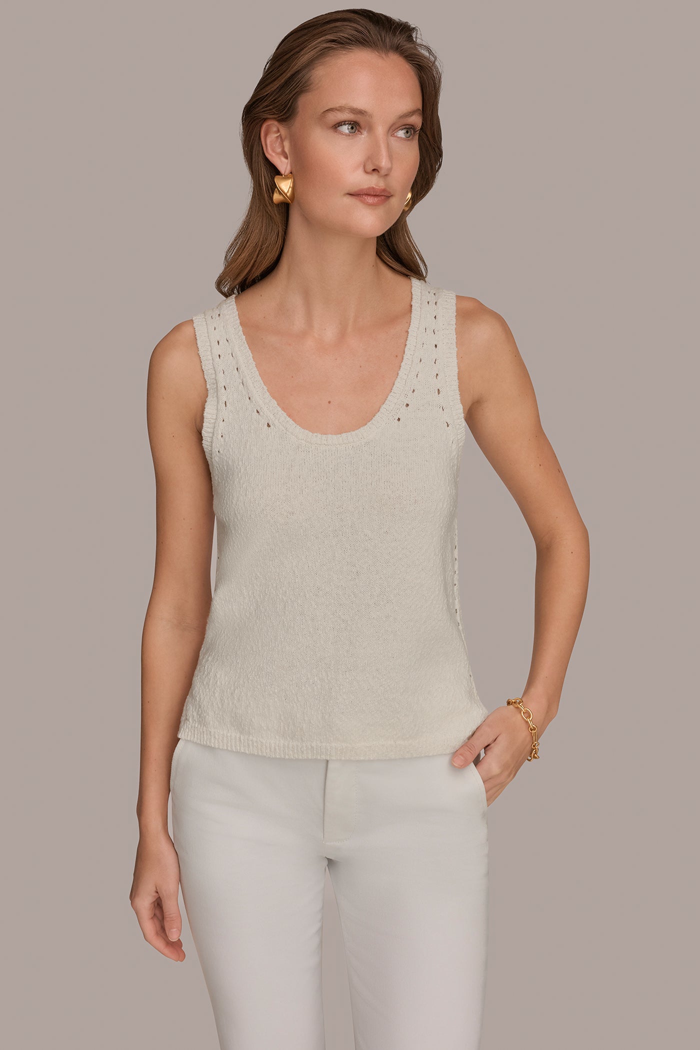 COTTON SLEEVELESS POINTELLE STITCH TANK | View 1 | Grace Edit