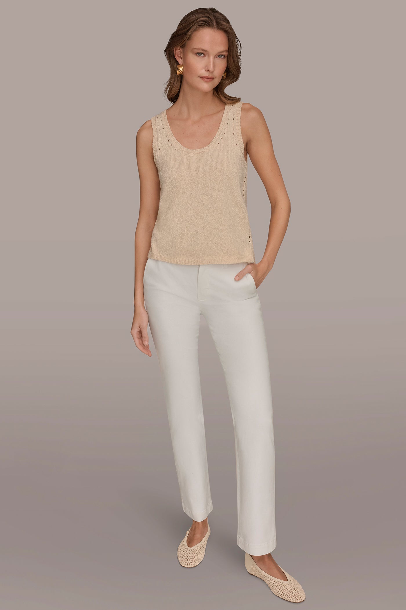 COTTON SLEEVELESS POINTELLE STITCH TANK VIEW 6 | Donna Karan Weekend