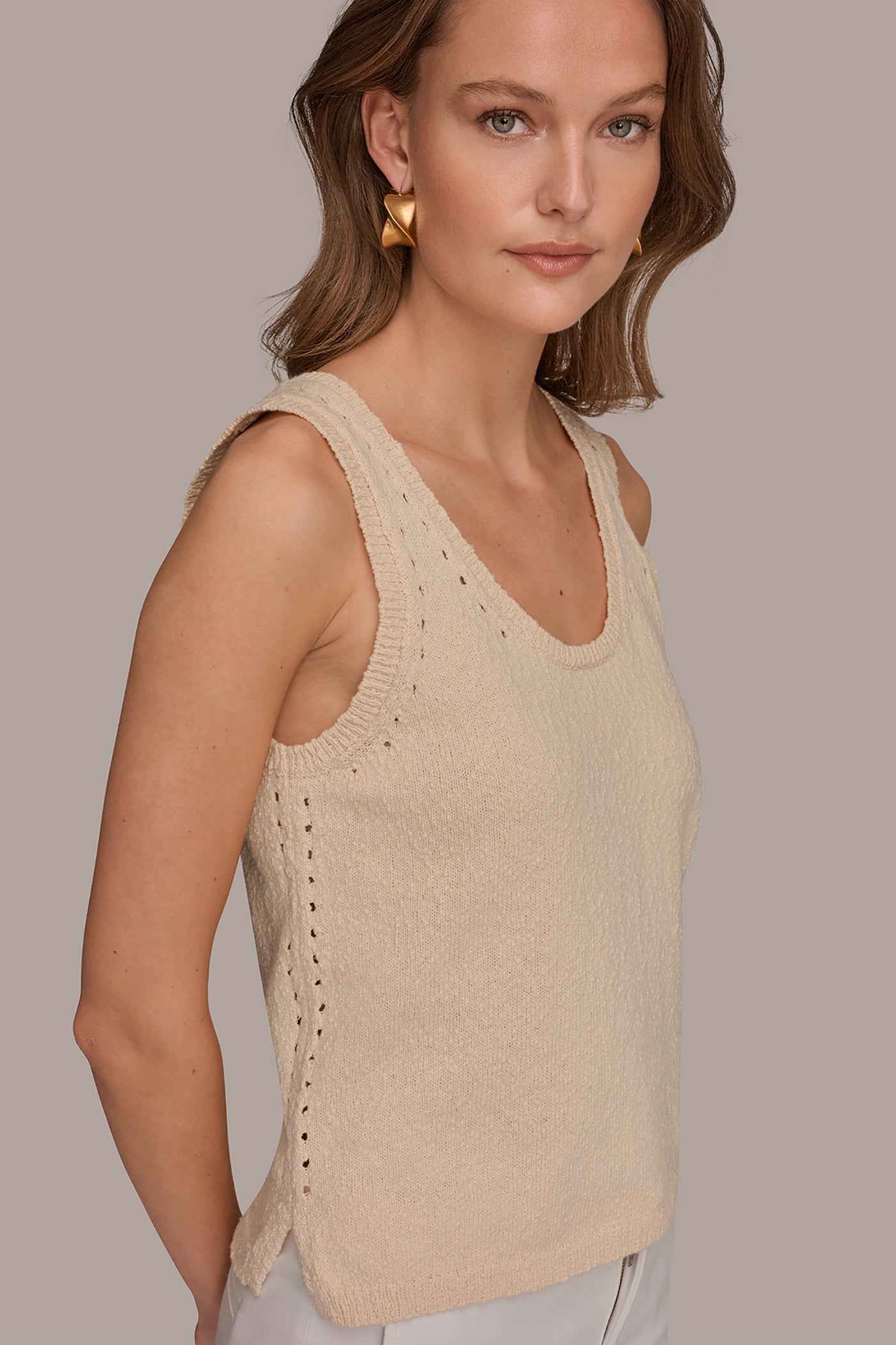 COTTON SLEEVELESS POINTELLE STITCH TANK VIEW 5 | Donna Karan Weekend