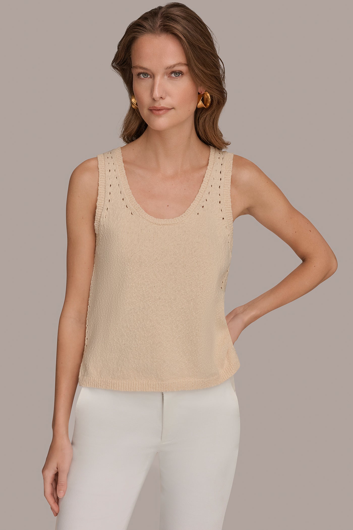 COTTON SLEEVELESS POINTELLE STITCH TANK | View 1 | Donna Karan Weekend