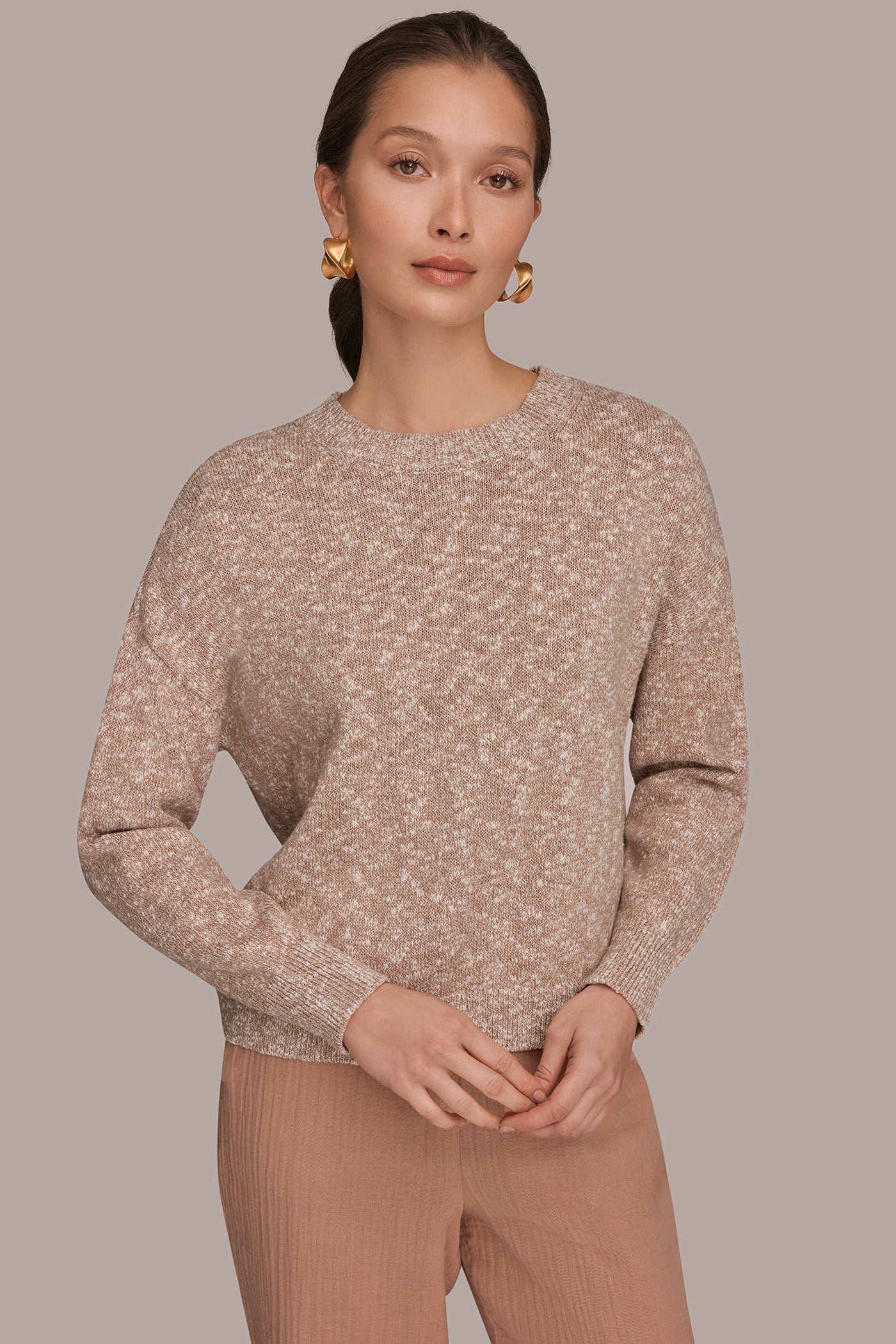 METALLIC COTTON-BLEND LONG SLEEVE SWEATER | View 1 | Donna Karan Weekend