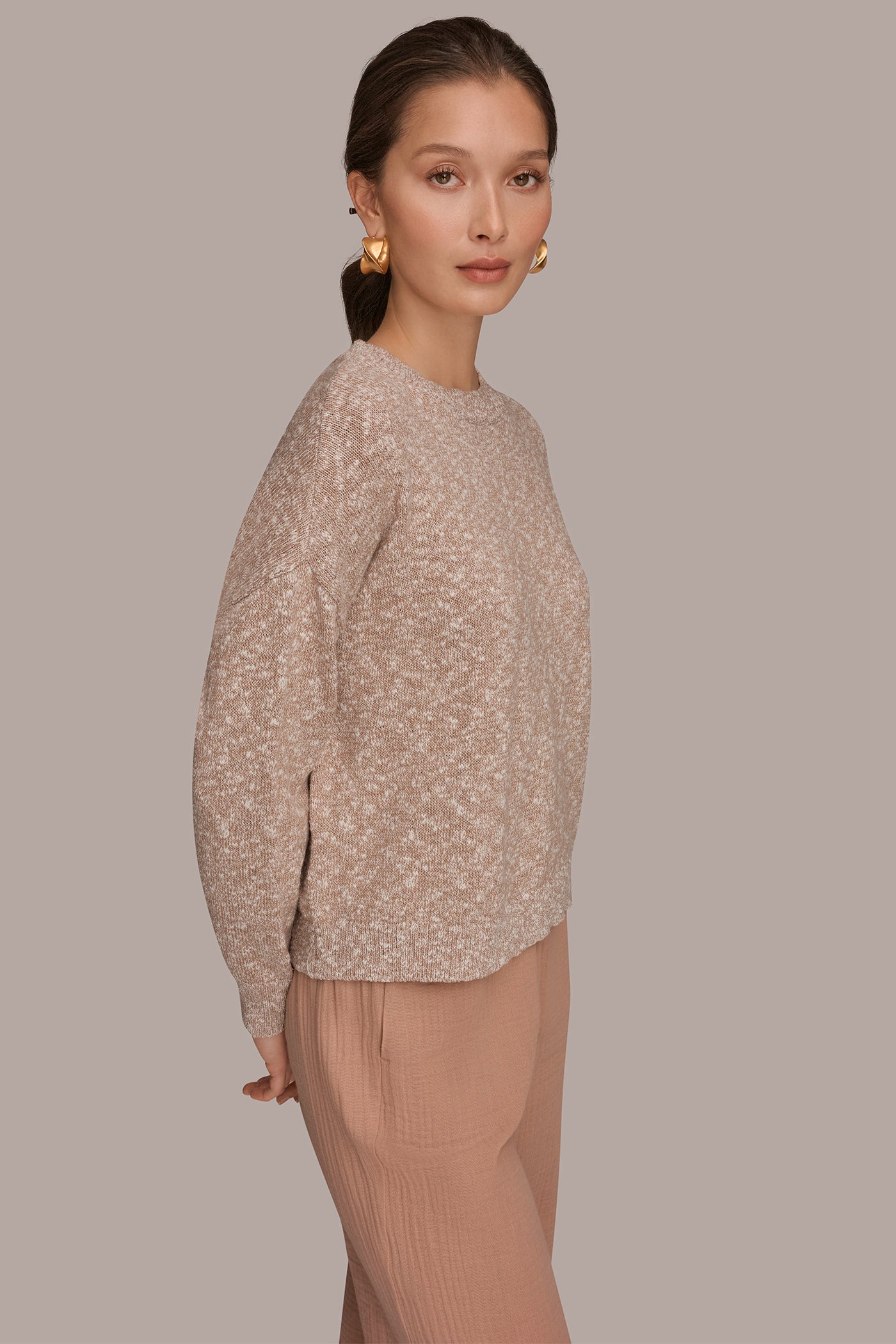 METALLIC COTTON-BLEND LONG SLEEVE SWEATER VIEW 3 | Donna Karan Weekend Tops