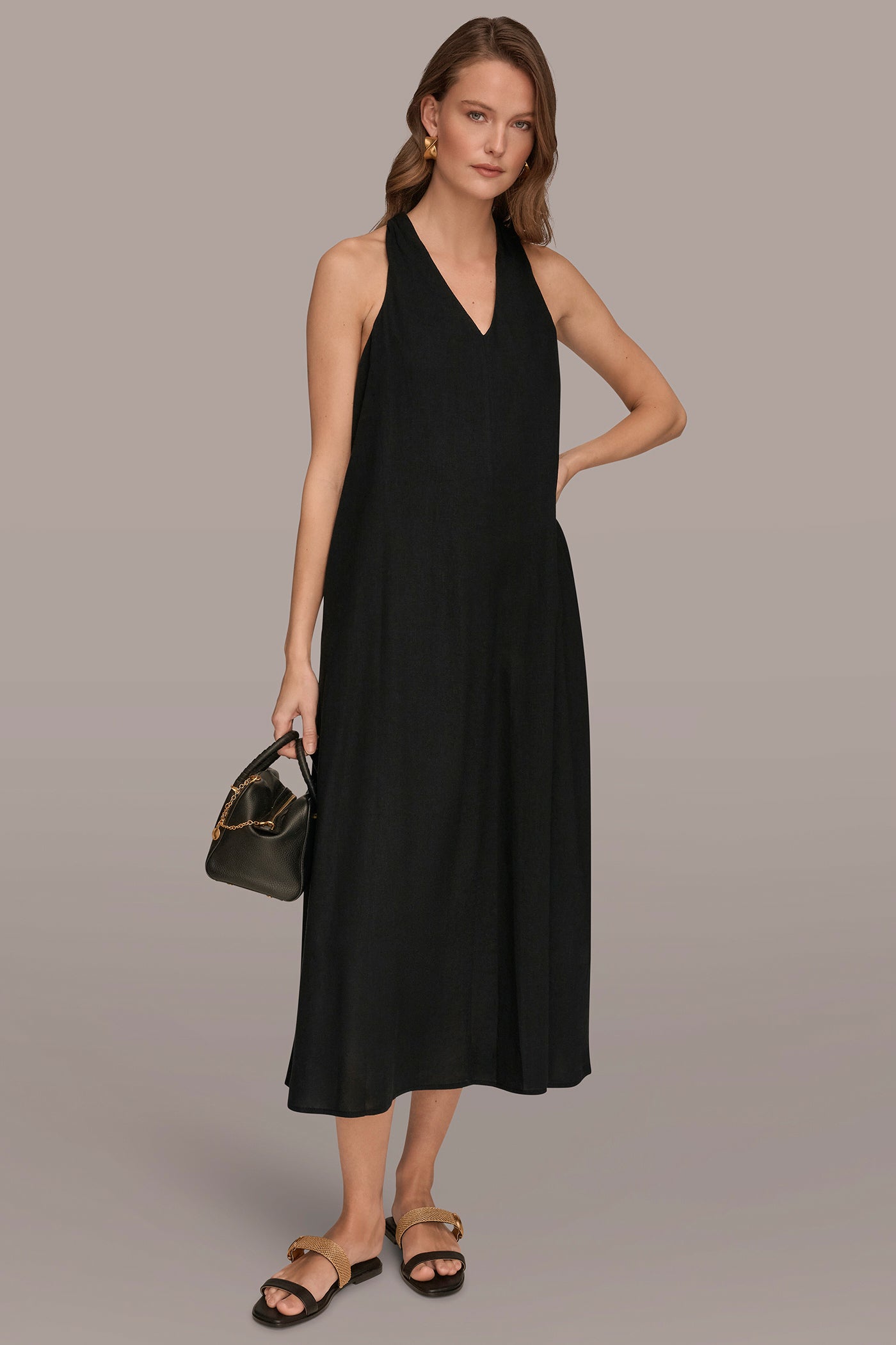 LINEN-BLEND SLEEVELESS TWIST-BACK MIDI HALTER DRESS VIEW 7 | NEW DONNA KARAN WEEKEND