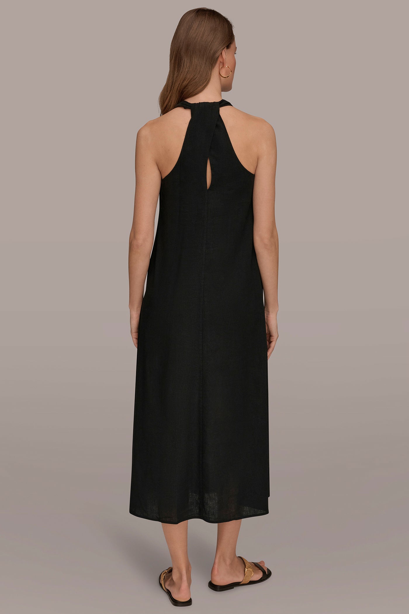 donna karan linen blend dress Donna Karan Women's Linen-Blend Pinstripe Cutout Midi Dress in Tuscan Grey/Cream Brown, Size 12