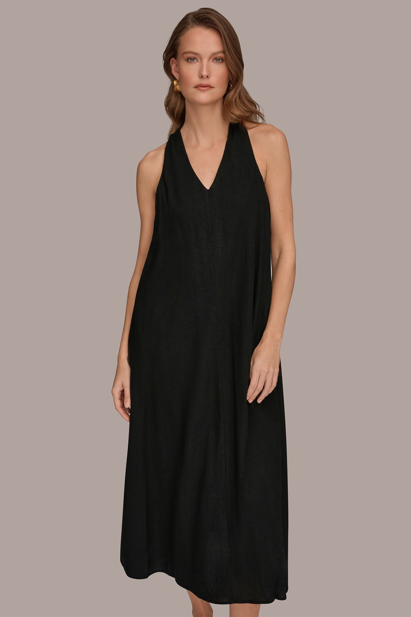 LINEN-BLEND SLEEVELESS TWIST-BACK MIDI HALTER DRESS VIEW 6 | NEW DONNA KARAN WEEKEND