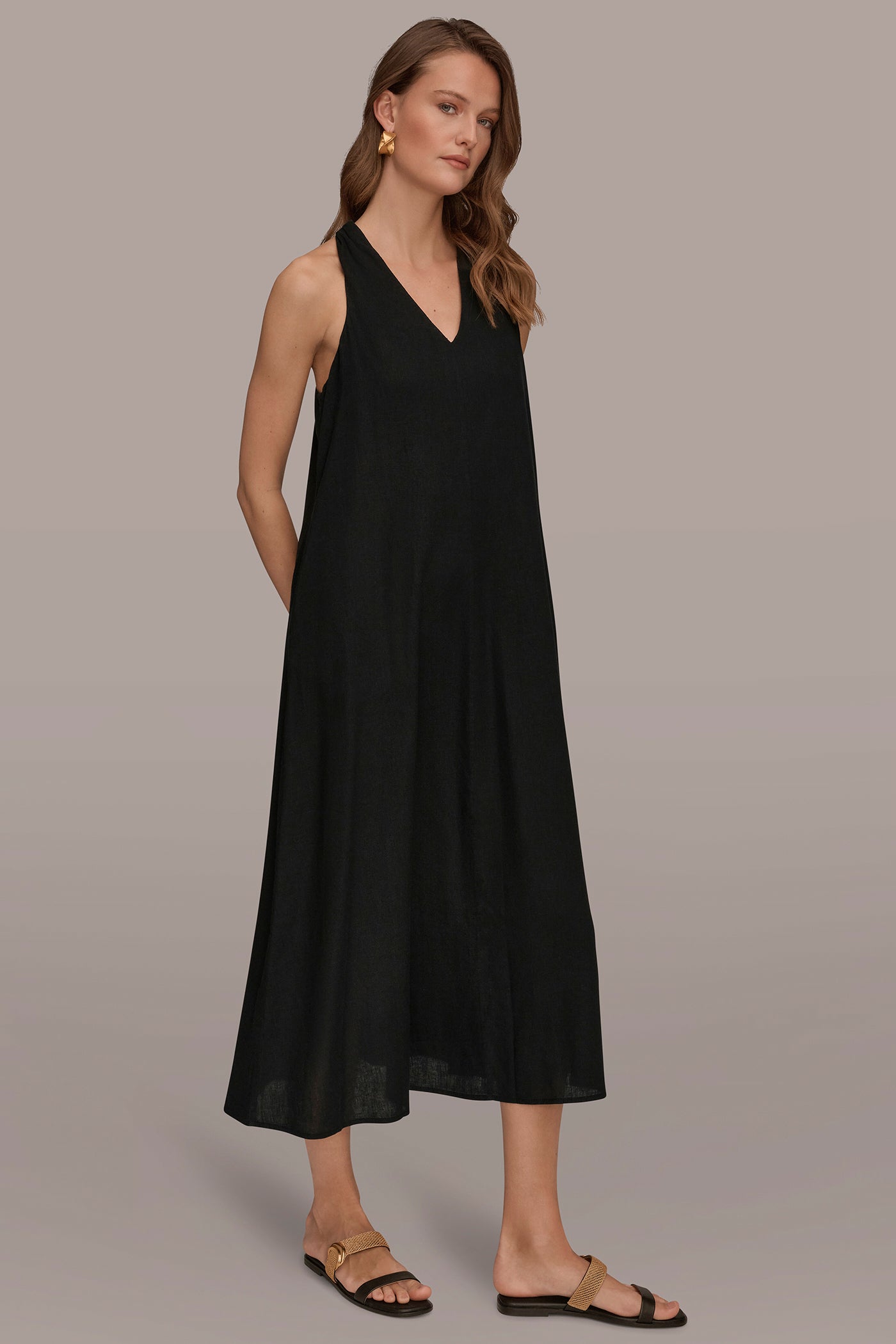 LINEN-BLEND SLEEVELESS TWIST-BACK MIDI HALTER DRESS VIEW 3 | NEW DONNA KARAN WEEKEND