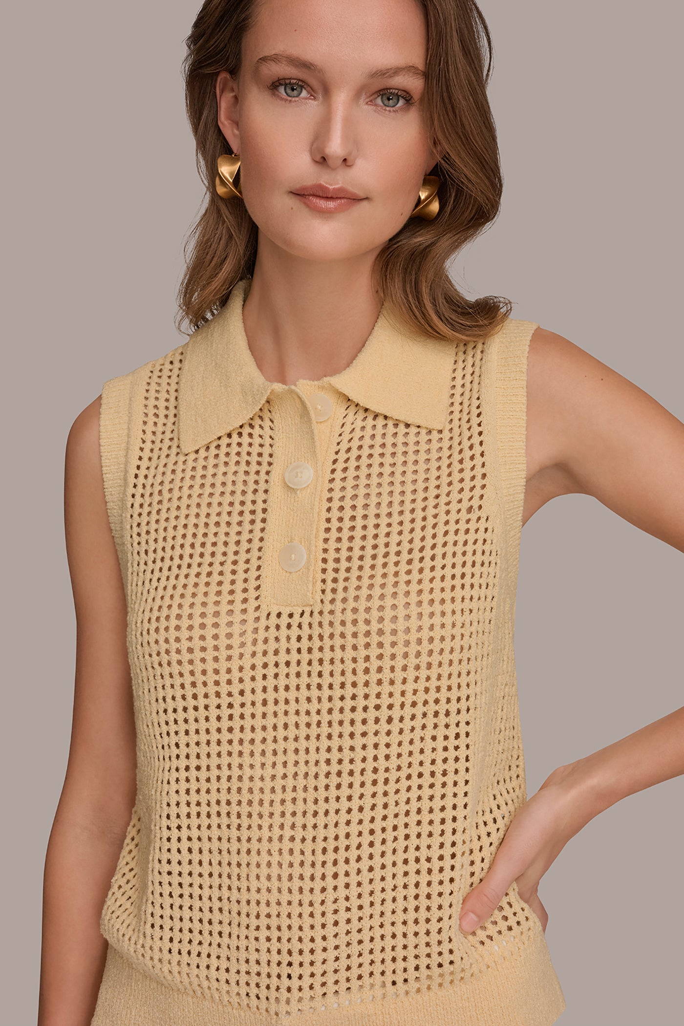 COTTON-BLEND SLEEVELESS OPEN STITCH POLO SWEATER VIEW 4 | New clothing