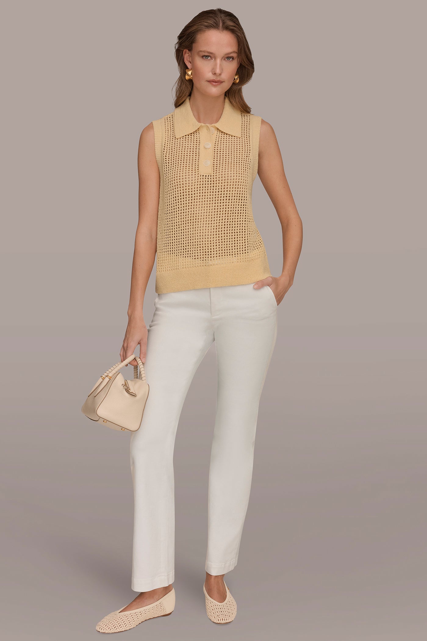 COTTON-BLEND SLEEVELESS OPEN STITCH POLO SWEATER VIEW 6 | New clothing