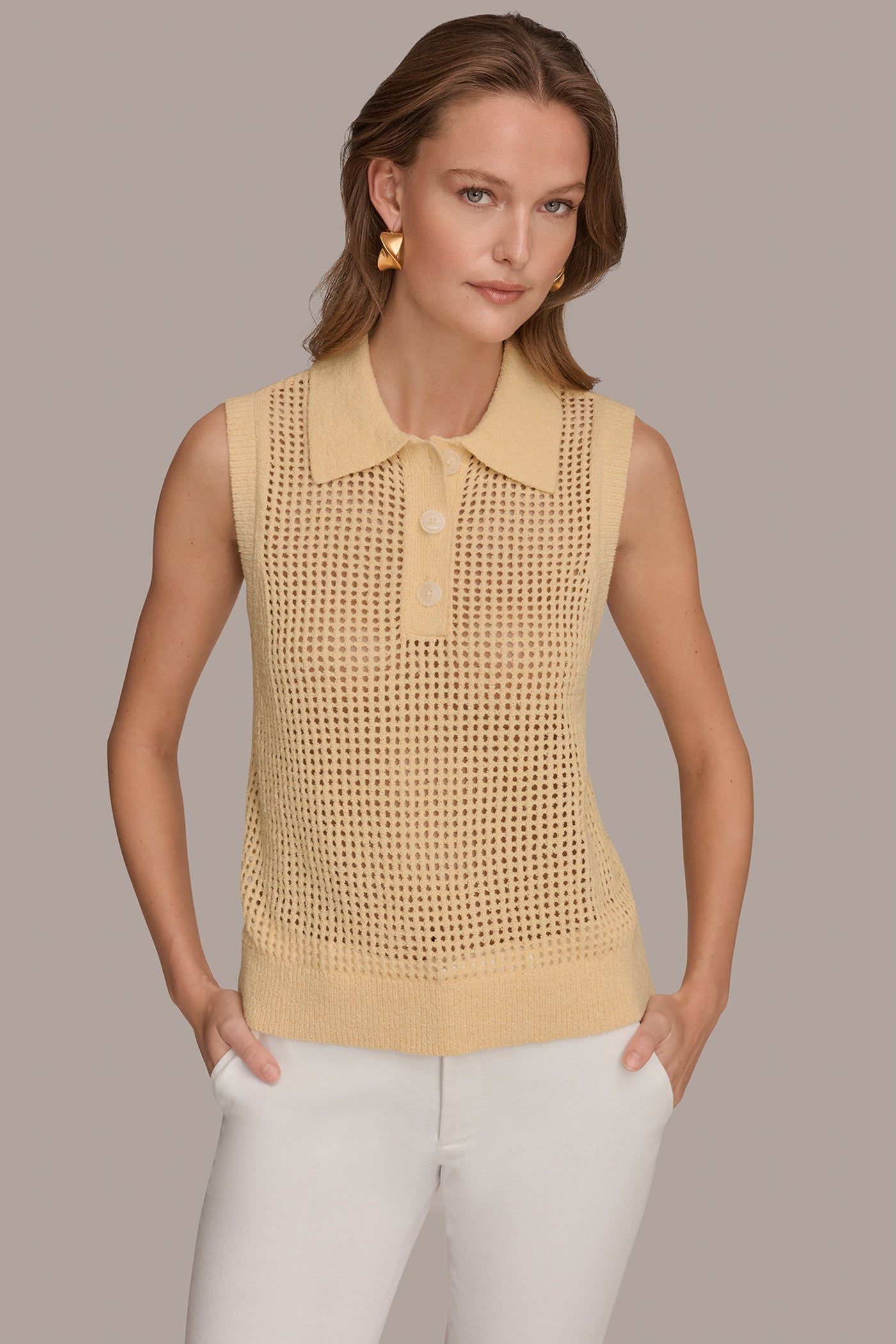 COTTON-BLEND SLEEVELESS OPEN STITCH POLO SWEATER | View 1 | New clothing