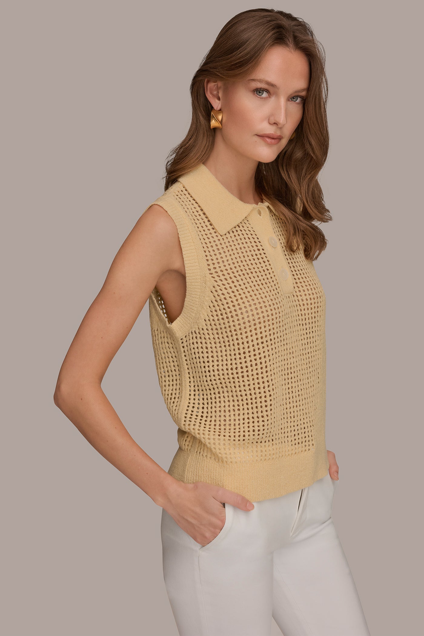 COTTON-BLEND SLEEVELESS OPEN STITCH POLO SWEATER VIEW 3 | New clothing